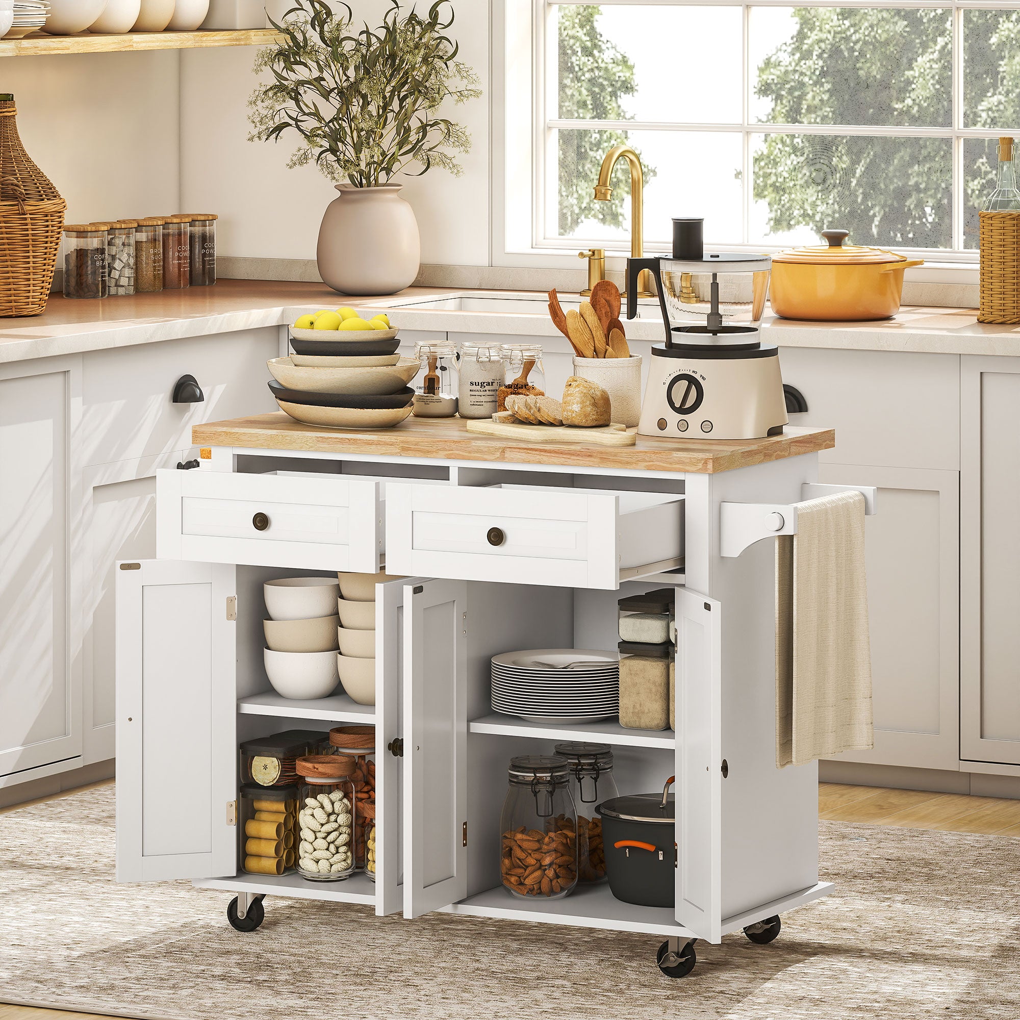 Kitchen Island Cart with Rubber Wood Top, Rolling Kitchen Island Table on Wheels with Drawers, Adjustable Shelves, Spice Rack and Towel Rack for Dining Room, White