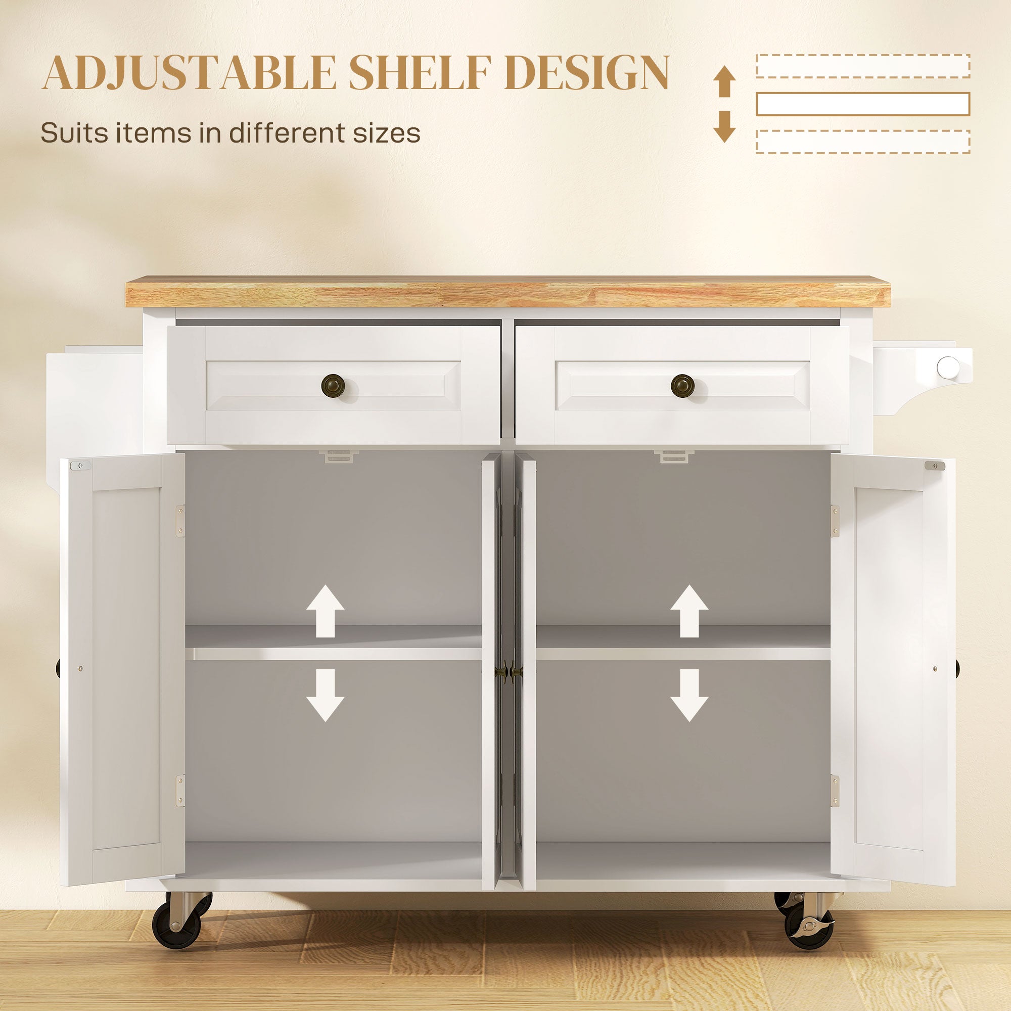 Kitchen Island Cart with Rubber Wood Top, Rolling Kitchen Island Table on Wheels with Drawers, Adjustable Shelves, Spice Rack and Towel Rack for Dining Room, White