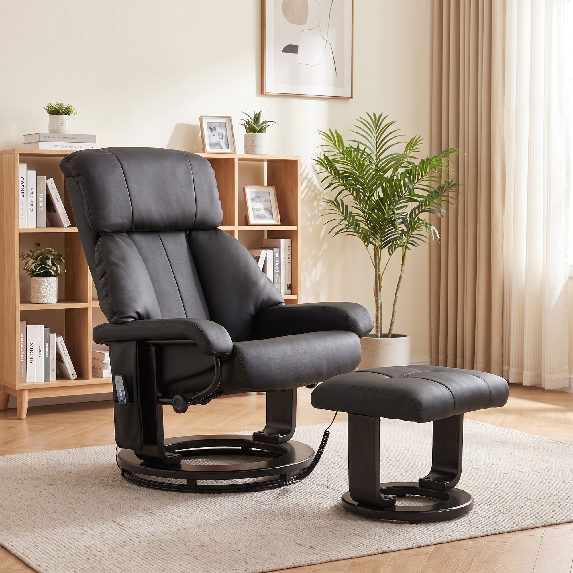 Massage Recliner Chair with Ottoman, 360° Swivel Recliner and Footstool, 10-Point Vibration, PU Leather Reclining Chair with Remote Control, Black