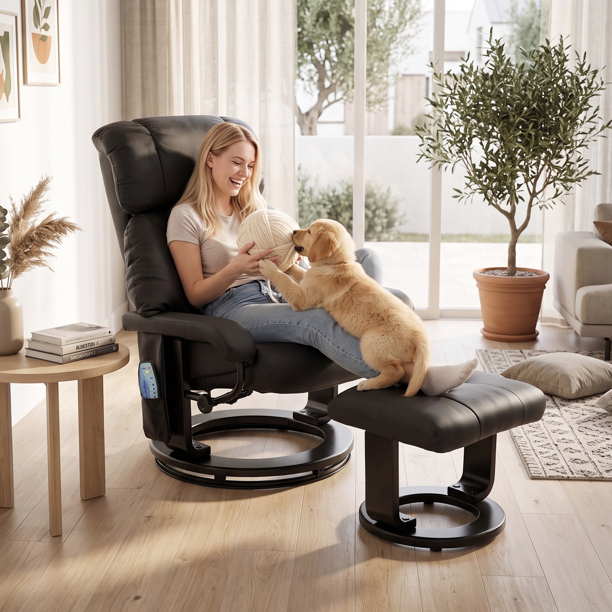 Massage Recliner Chair with Ottoman, 360° Swivel Recliner and Footstool, 10-Point Vibration, PU Leather Reclining Chair with Remote Control, Black