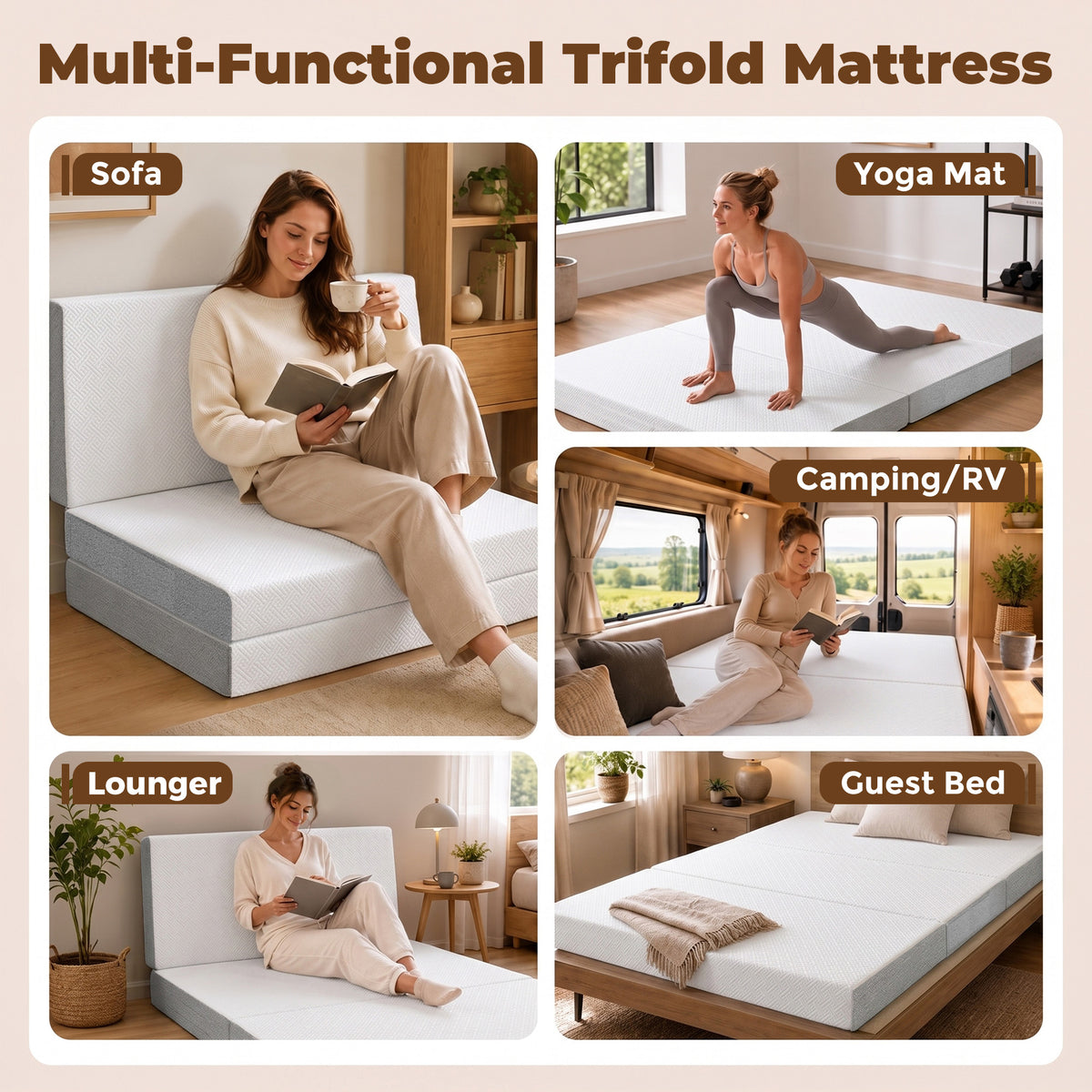 Foldable Mattress Queen Size, 6 Inch Tri Fold Memory Foam Mattress with Washable Cover & Non-Slip Bottom, Portable Floor Bed for RV, Guest, Travel, Camping, 60" x 80" x6"