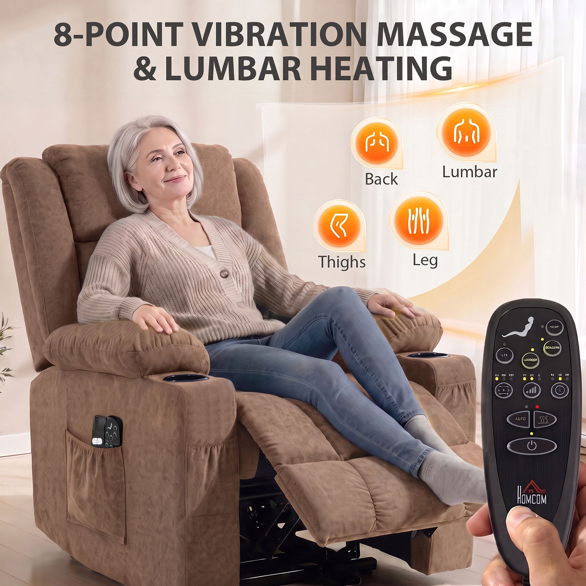 Dual Motor Recliner Chair Lift Chair for Elderly, 55° Electric Riser Recliner Armchair with Massage and Heat, Terry Cloth Power Reclining Lounge Sofa, 2 Cup Holders, Side Pockets, Brown