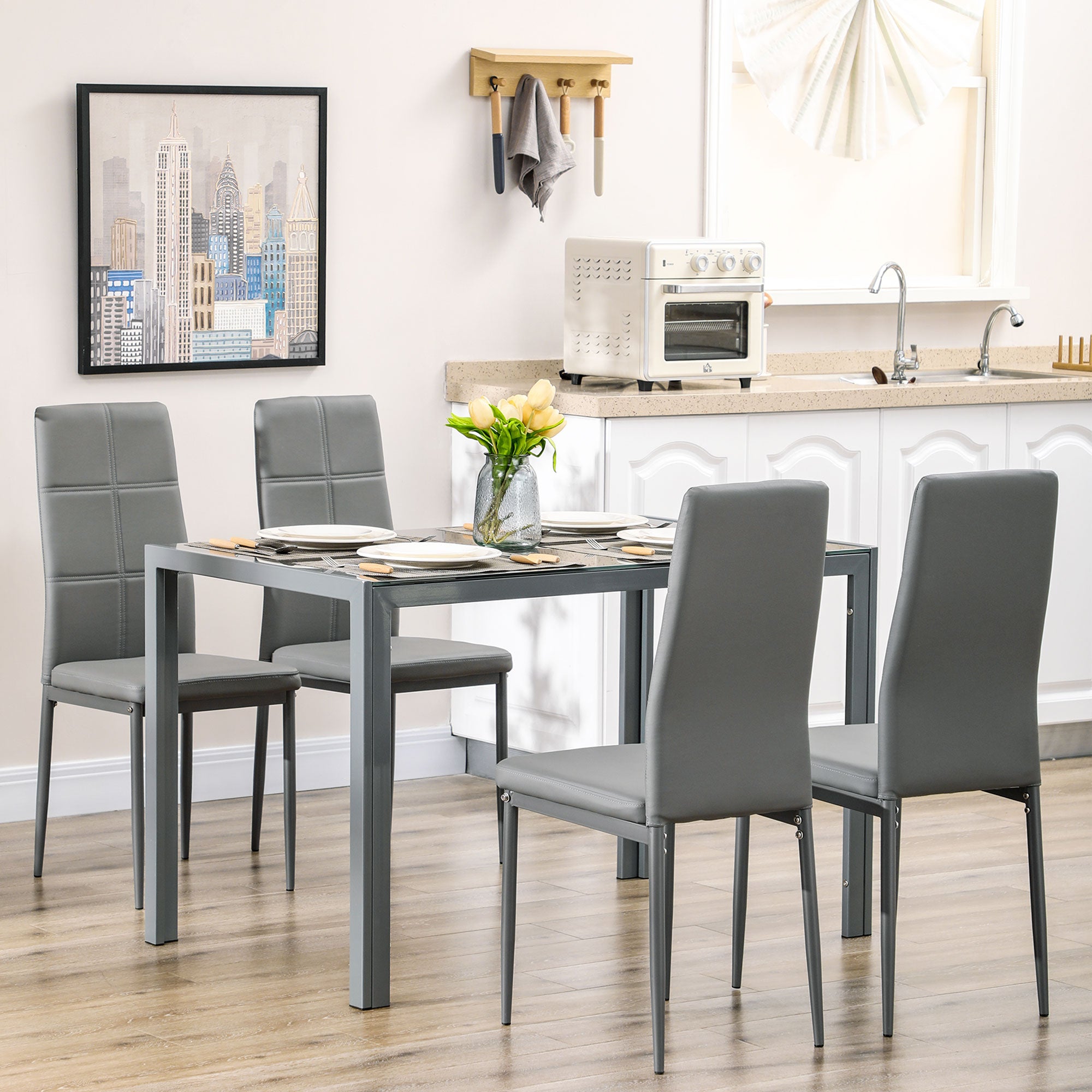 HOMCOM Dining Table Set for 4, 5-Piece Rectangular Glass Kitchen Table and Chairs with Metal Frame and Faux Leather Upholstery for Dining Room, Living Room, Grey