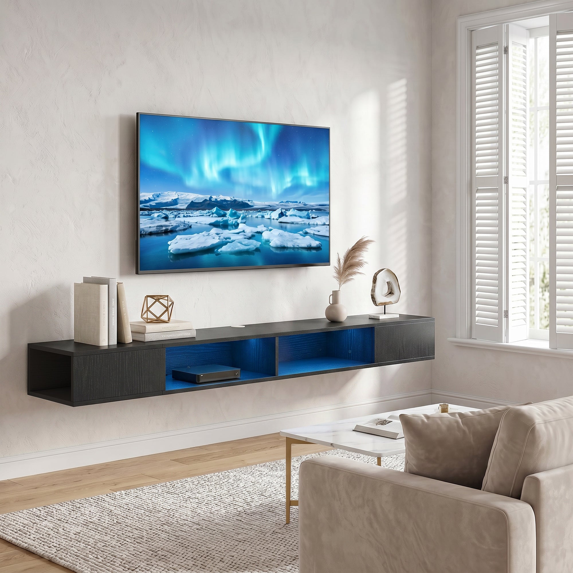 TV Stand for TVs up to 75 Inch, Modern Entertainment Center with RGB LED Lights, Floating Wall-Mounted Media Console with Open Shelves for Living Room, Black Wood Grain