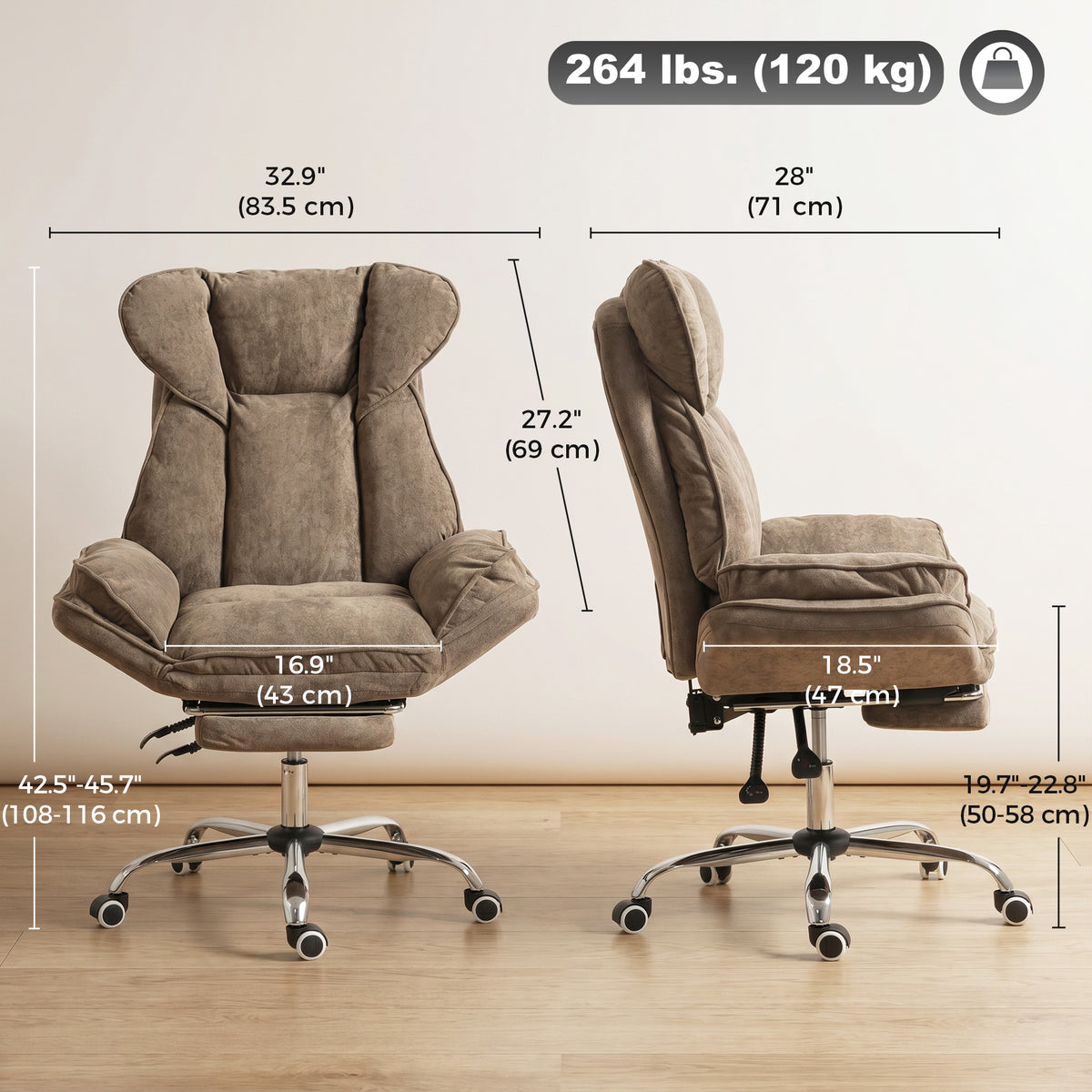 Criss Cross Office Chair with Footrest, Swivel Wheels, Task Desk Chair with Overstuffed Reclining Backrest, Waterfall Arms, Adjustable Height, Cross Legged, Brown