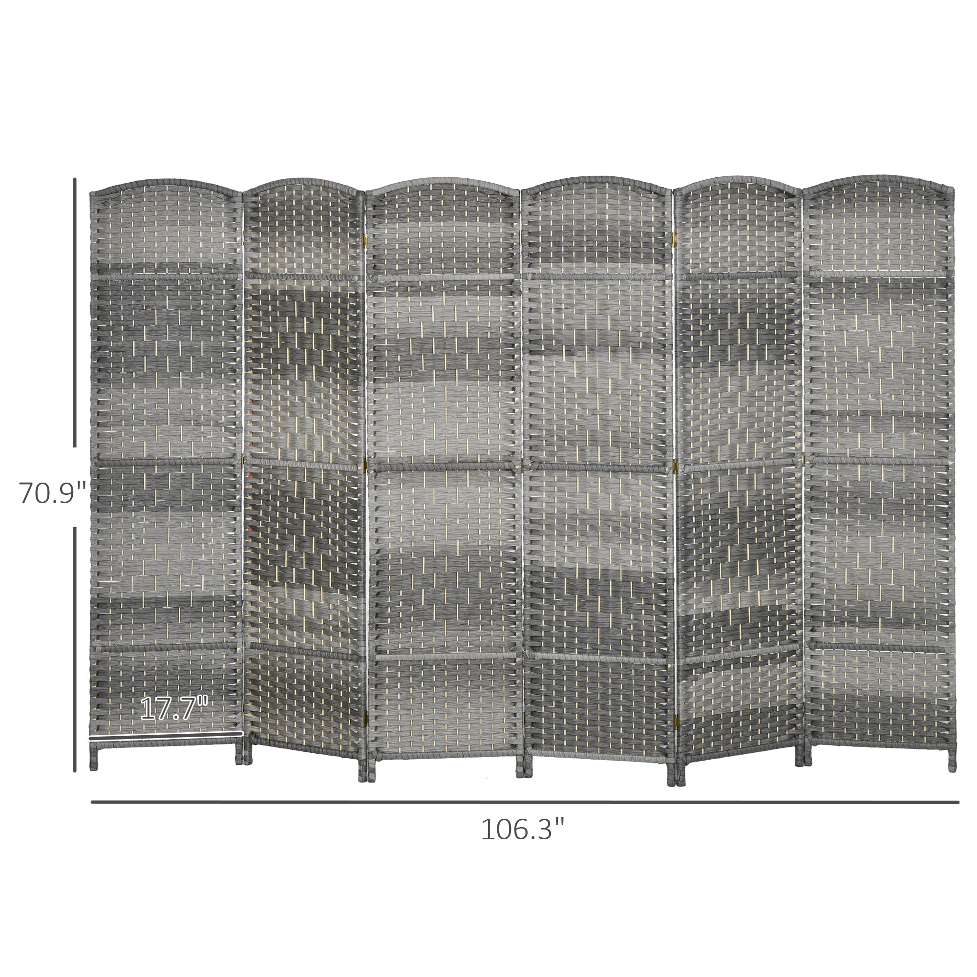 6 Panel 6' Tall Privacy Screen Freestanding Wood Partition, Gray