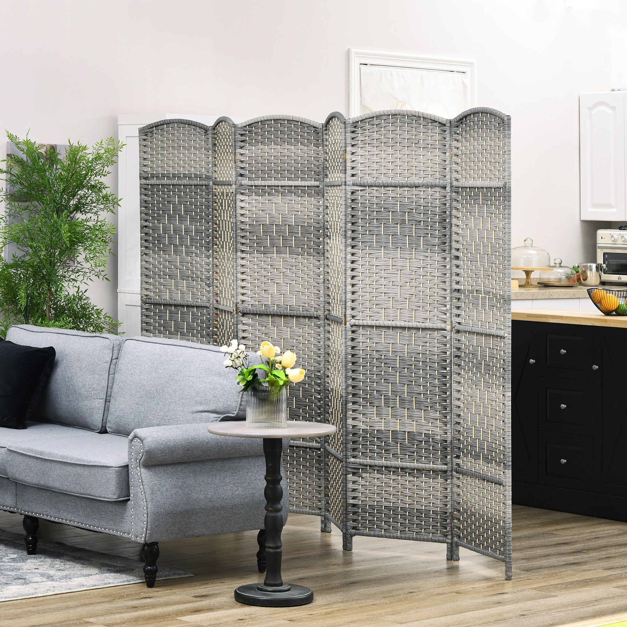 6 Panel 6' Tall Privacy Screen Freestanding Wood Partition, Gray