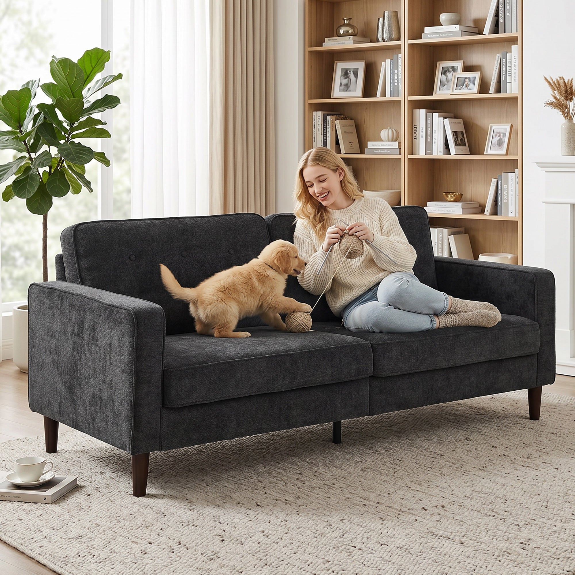 3 Seater Sofa, Upholstered Couch for Bedroom, Modern Sofa Settee with Padded Cushion, Button Tufting and Wood Legs for Living Room, Dark Grey