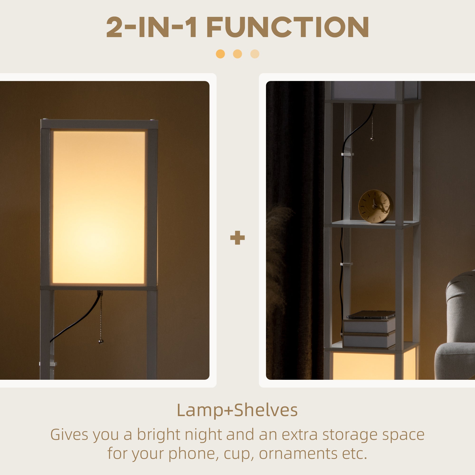 HOMCOM Floor Lamp with Shelves and Dual Light, Modern Corner Standing Lamp for Living Room, Bedroom, Bulb not Included, White