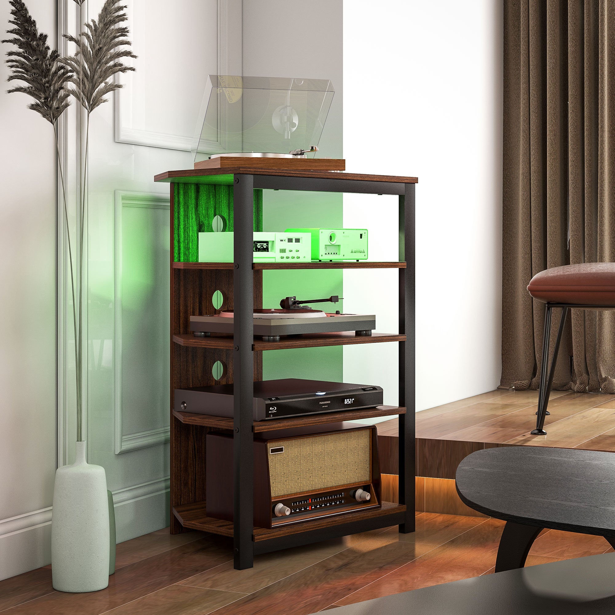 LED TV Stand, Entertainment Center with Storage Shelves and Steel Frame, Brown