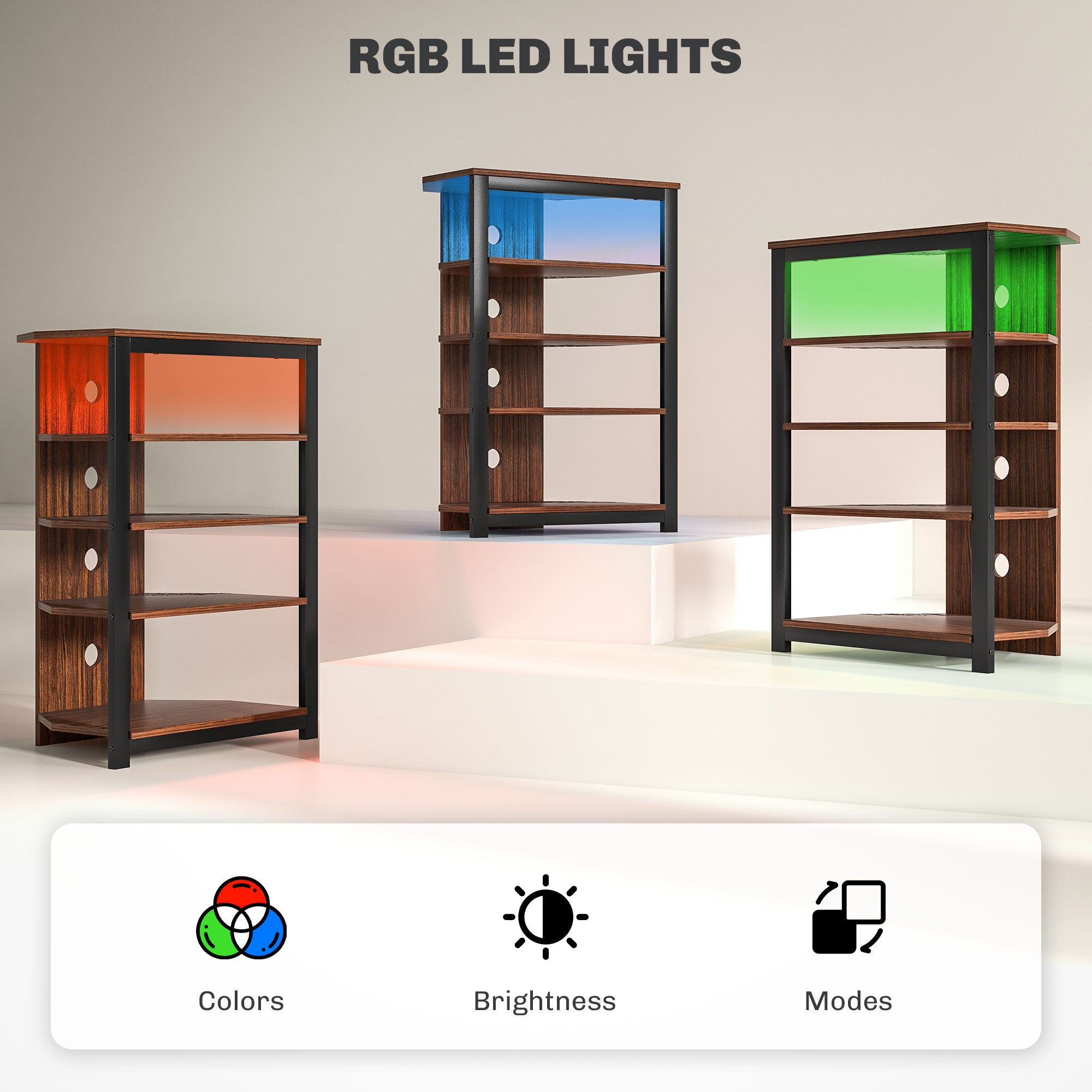 LED TV Stand, Entertainment Center with Storage Shelves and Steel Frame, Brown