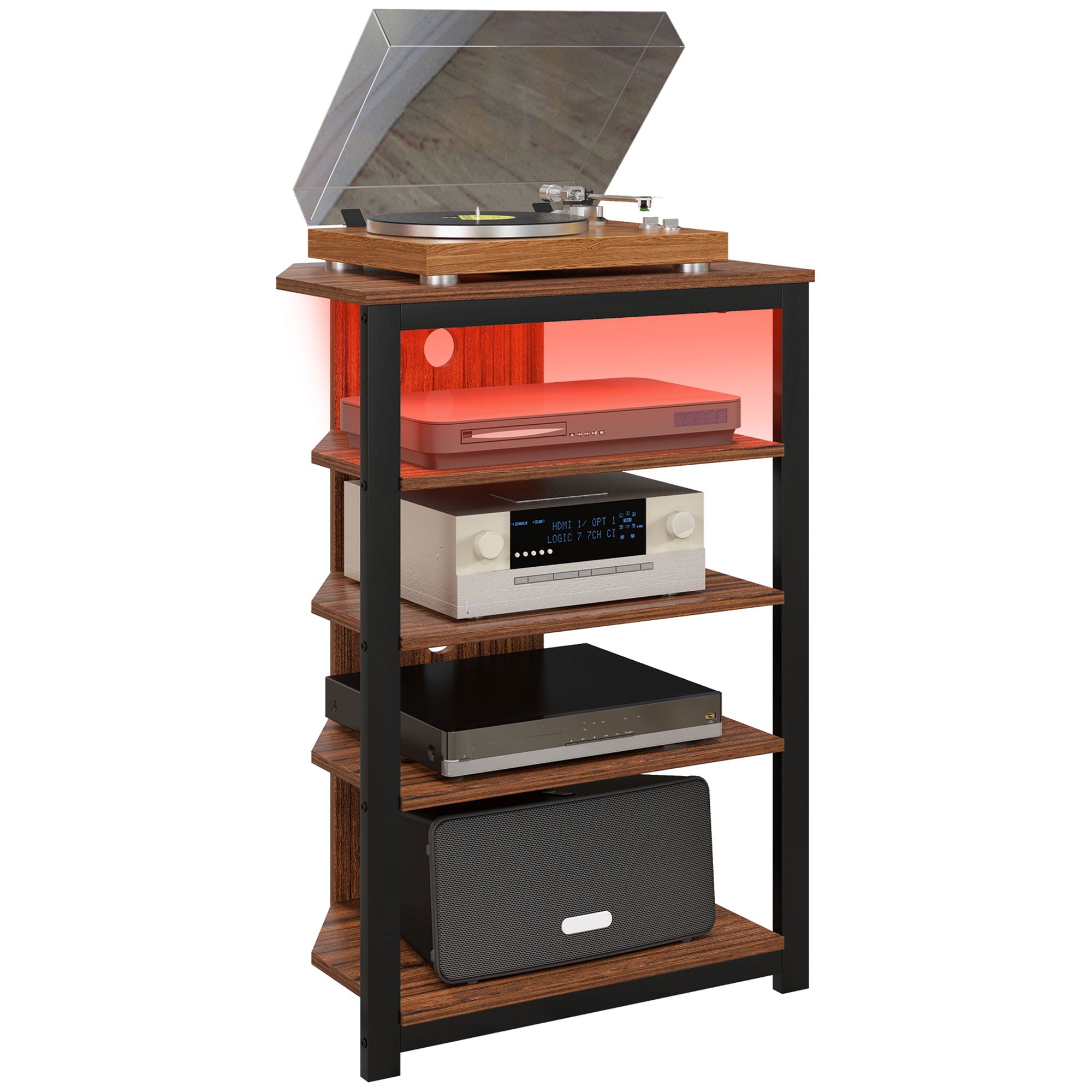 LED TV Stand, Entertainment Center with Storage Shelves and Steel Frame, Brown