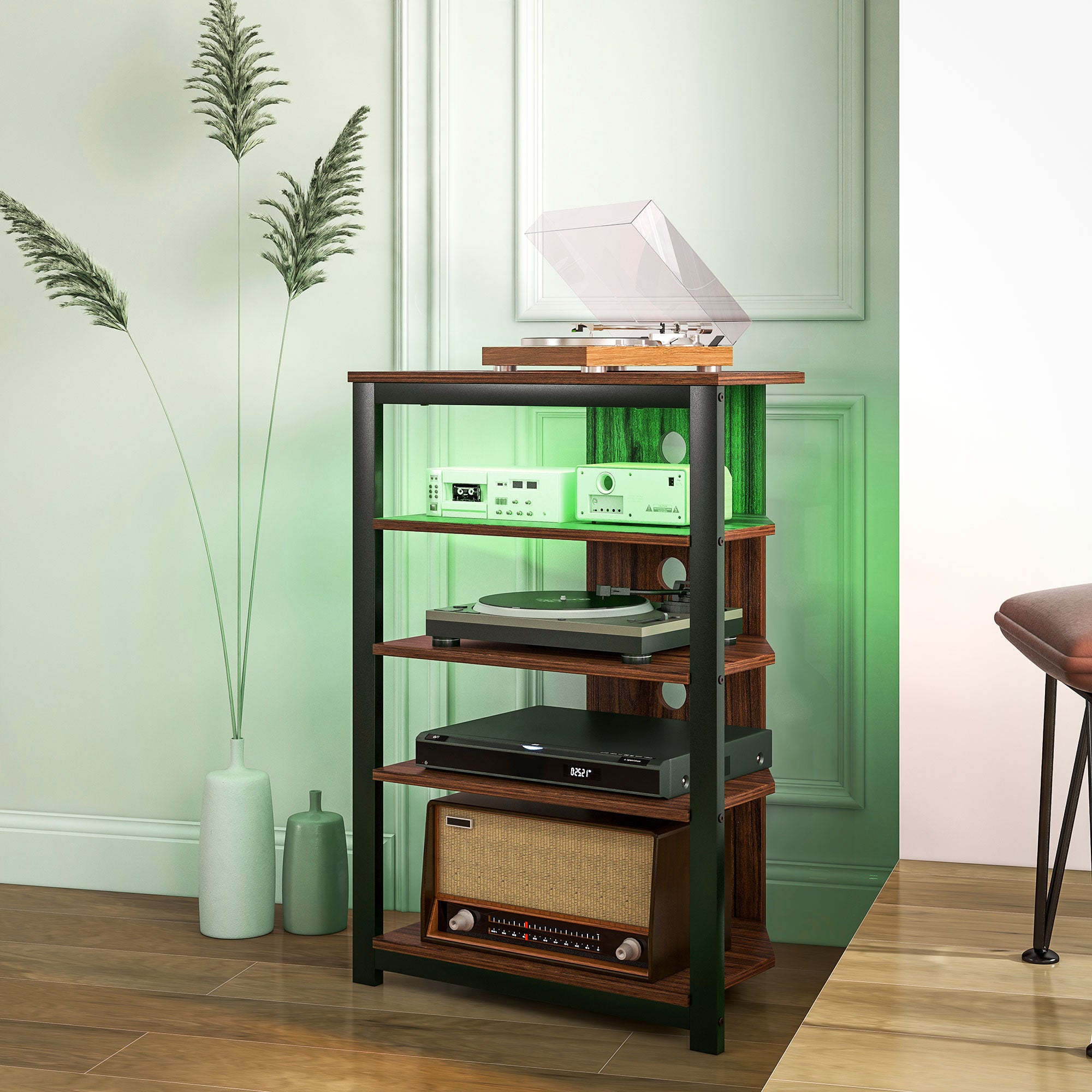 LED TV Stand, Entertainment Center with Storage Shelves and Steel Frame, Brown