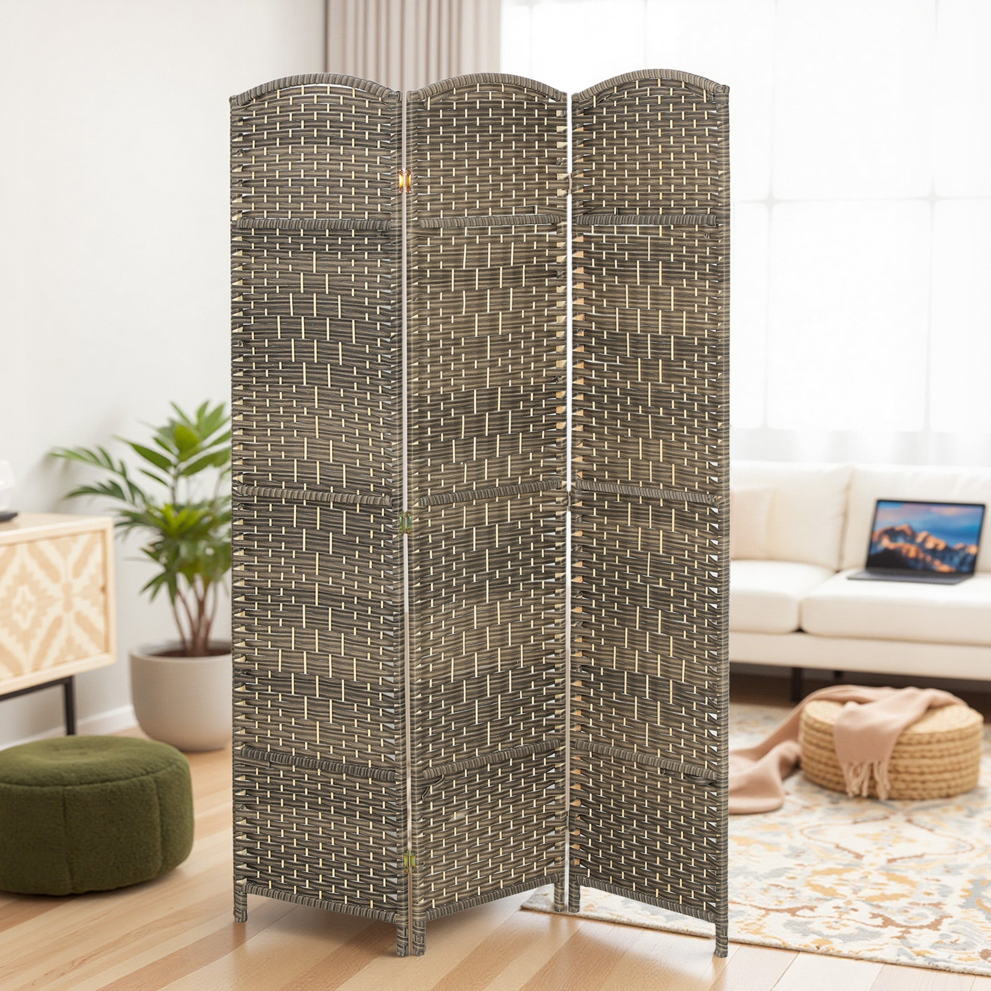 3 Panel Room Divider, 6' Tall Folding Privacy Screen, Hand-Woven Freestanding Wall Partition for Home Office, Bedroom, Dark Rustic Oak