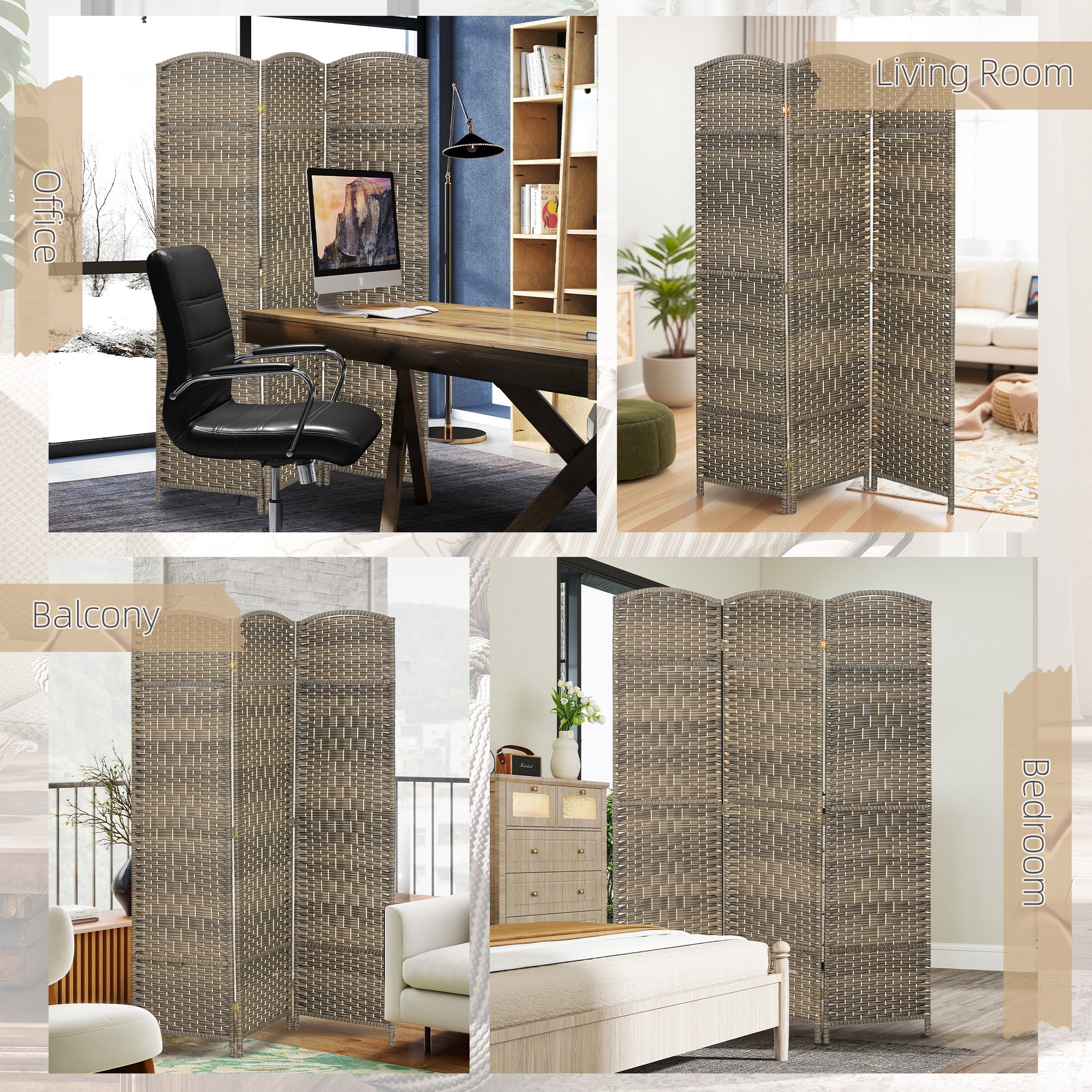 3 Panel Room Divider, 6' Tall Folding Privacy Screen, Hand-Woven Freestanding Wall Partition for Home Office, Bedroom, Dark Rustic Oak