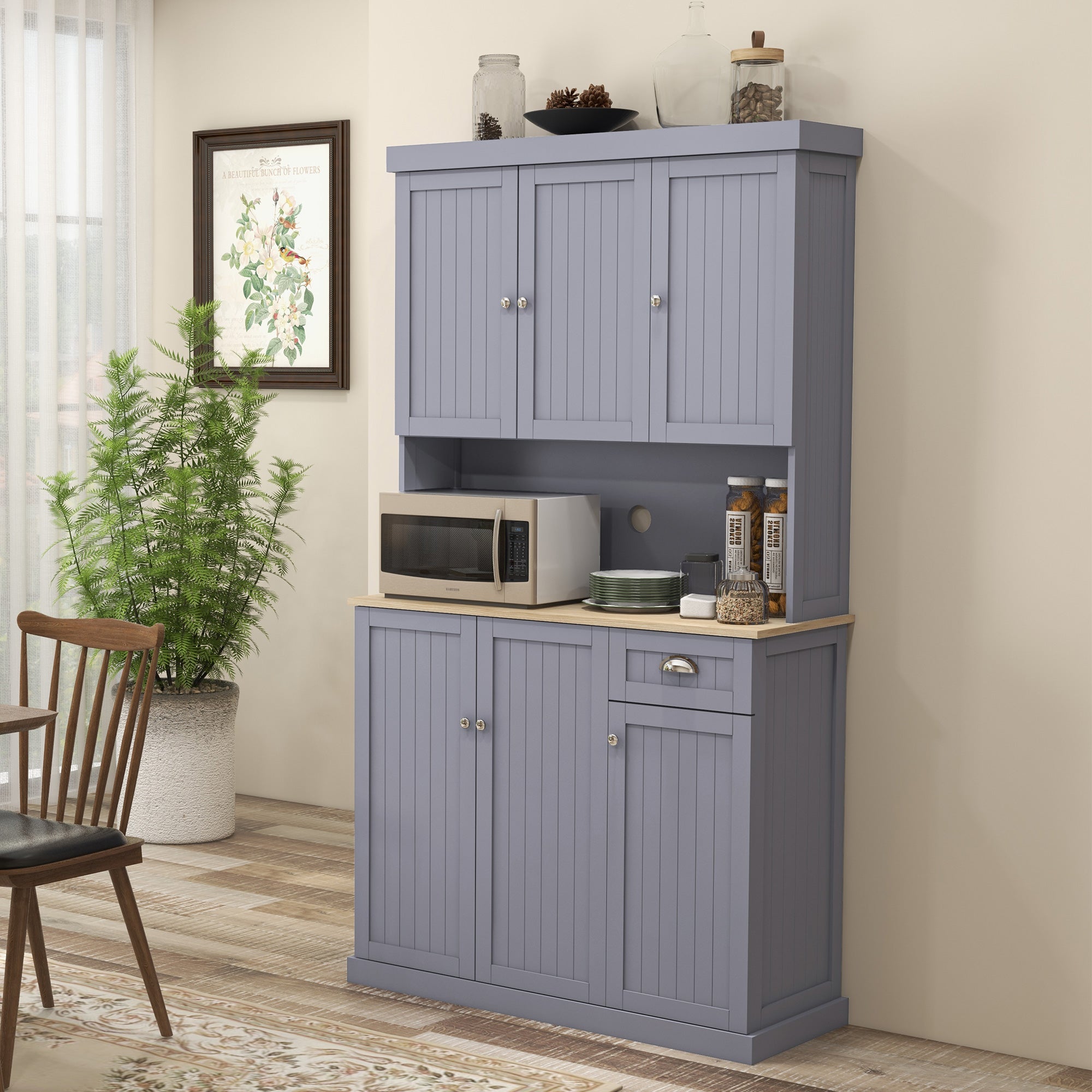 71" Farmhouse Kitchen Pantry Storage Cabinet w/Countertop, Drawer, & Cupboard, Gray