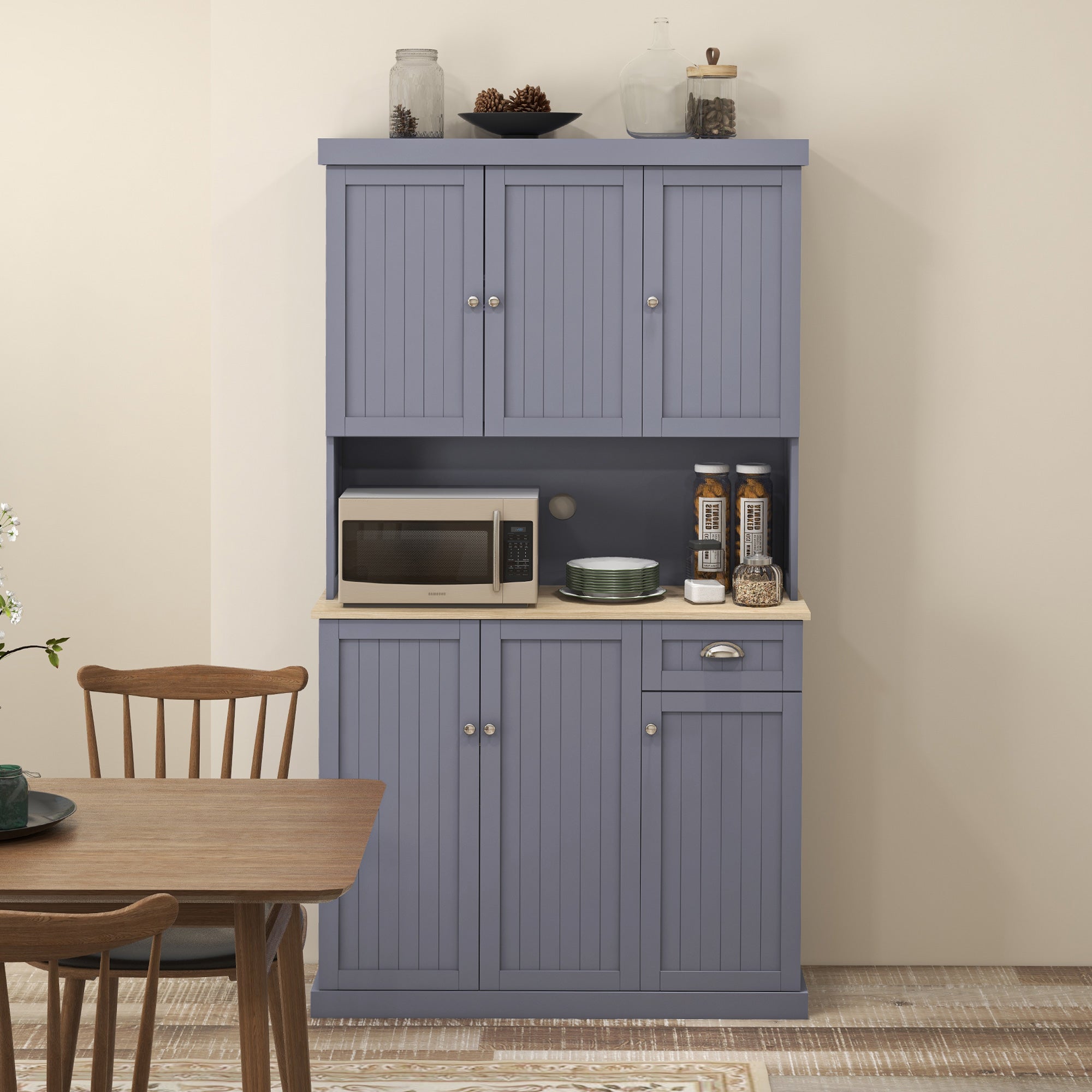 71" Farmhouse Kitchen Pantry Storage Cabinet w/Countertop, Drawer, & Cupboard, Gray