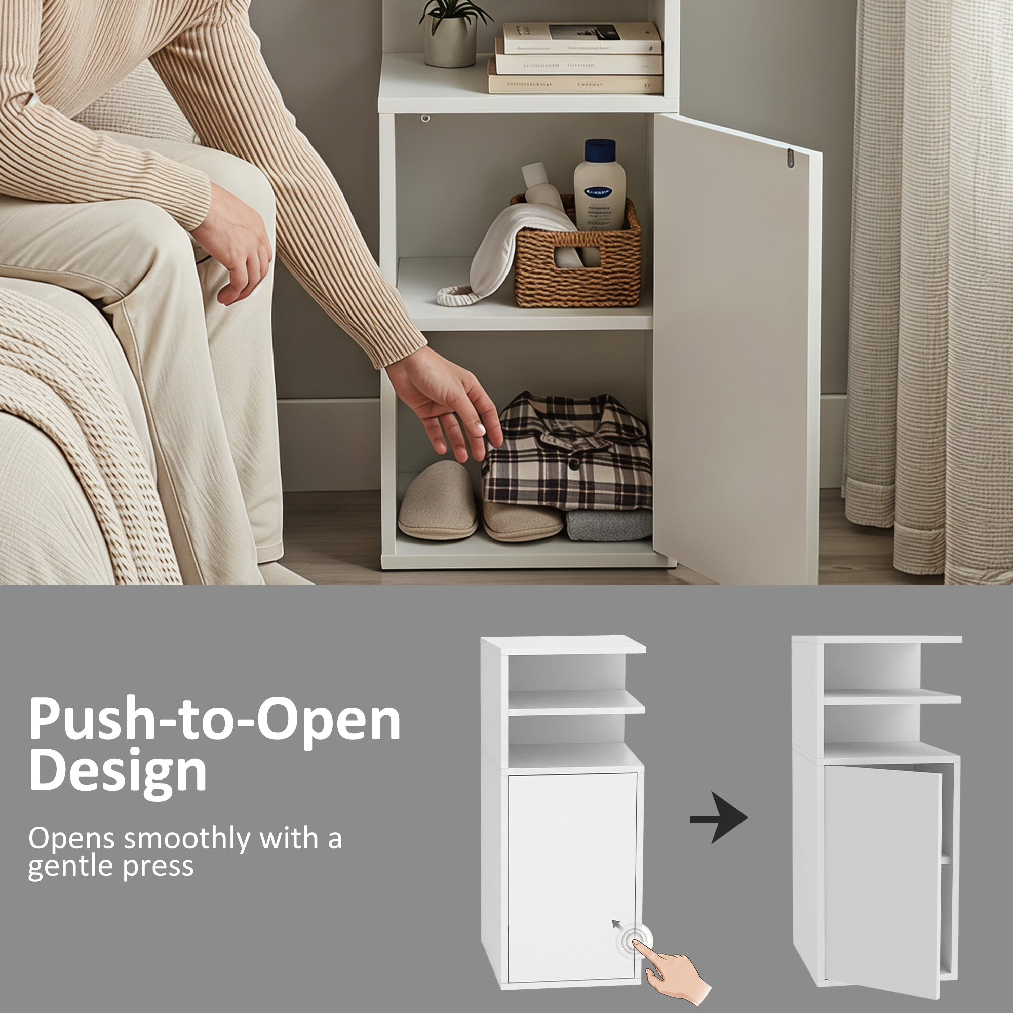 Slim Bedside Table Set of 2, Narrow Bedside Cabinet with Open Cubbies and Cupboard, Side End Table for Bedroom Living Room Compact Nooks, 30 x 25 x 60 cm, White