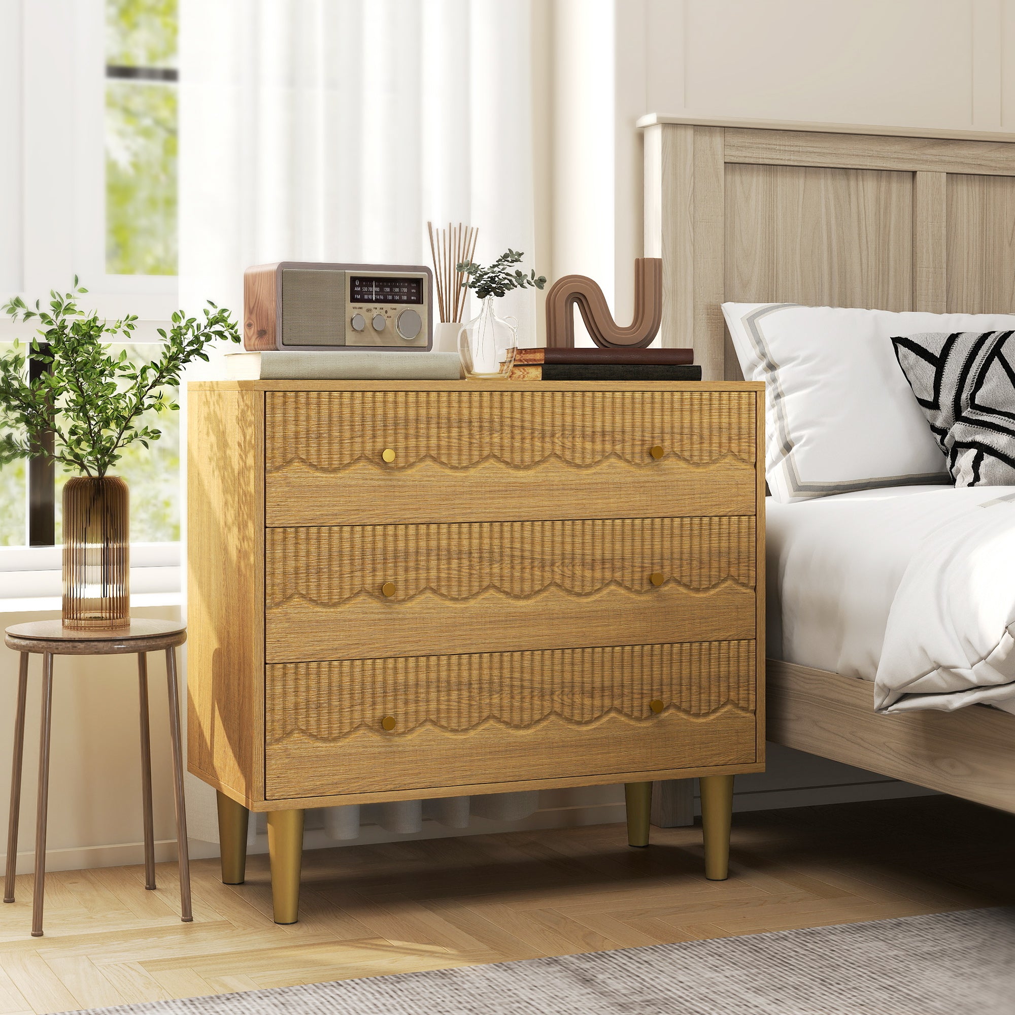 Chest of Drawers, 3 Drawer Dresser, Storage Cabinet with Steel Legs and Wooden Top for Bedroom, Living Room, Oak