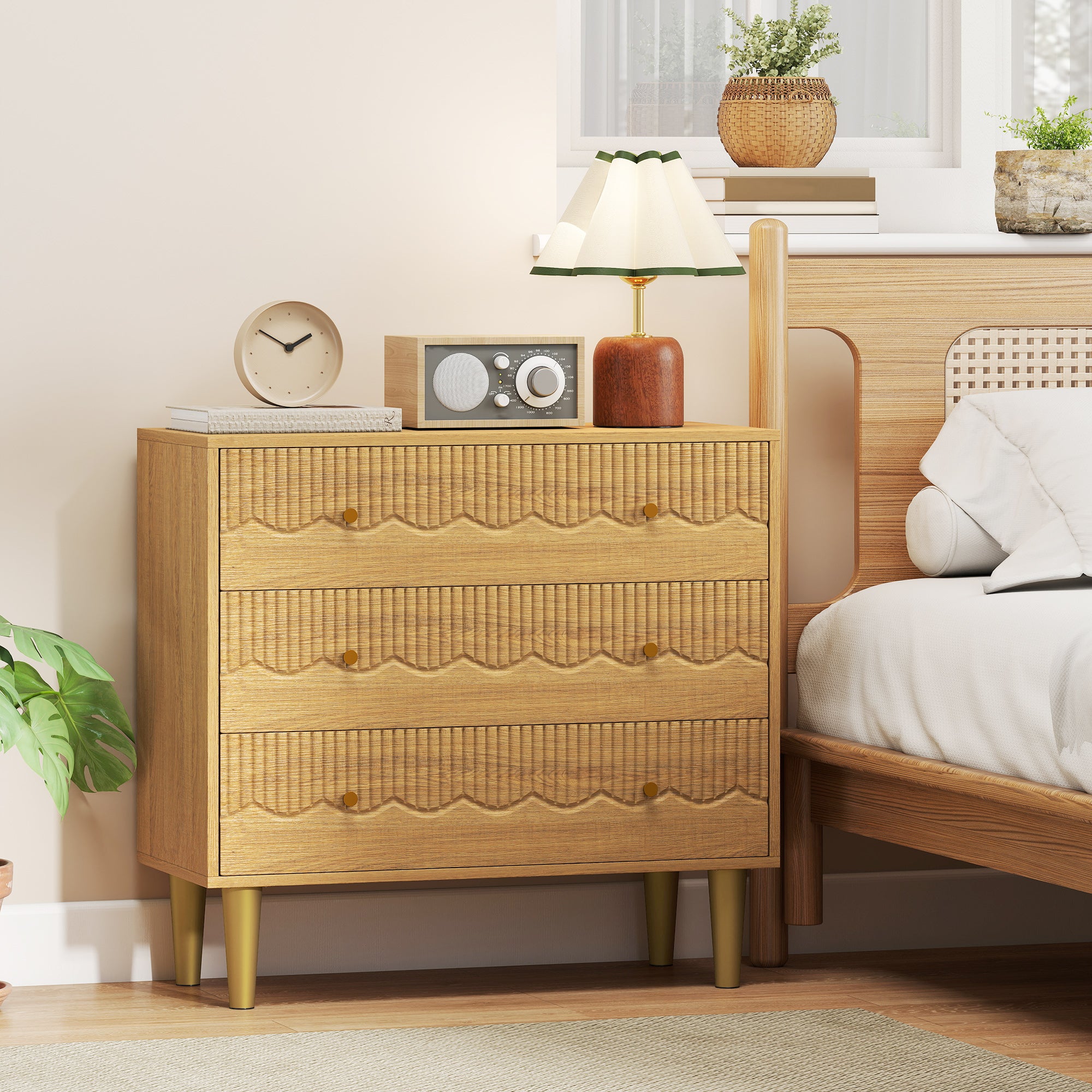 Chest of Drawers, 3 Drawer Dresser, Storage Cabinet with Steel Legs and Wooden Top for Bedroom, Living Room, Oak
