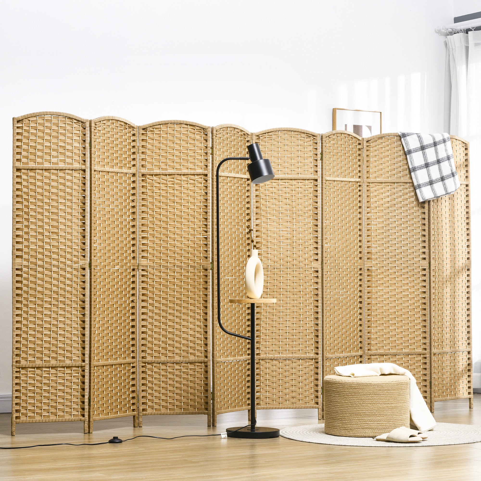 8 Panel 5.6' Tall Privacy Screen Freestanding Room Divider, Nature Wood - HOMCOM