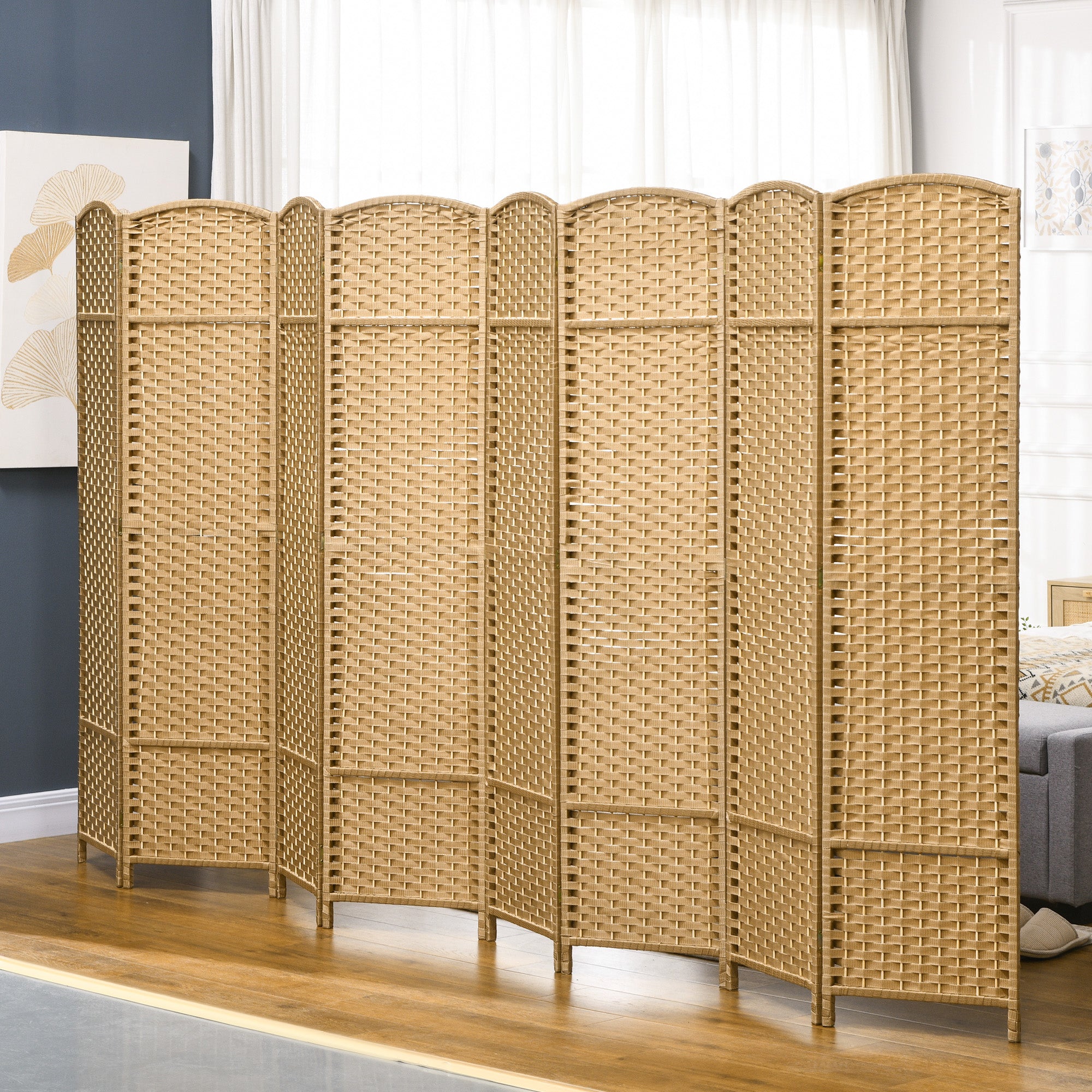 8 Panel 5.6' Tall Privacy Screen Freestanding Room Divider, Nature Wood - HOMCOM