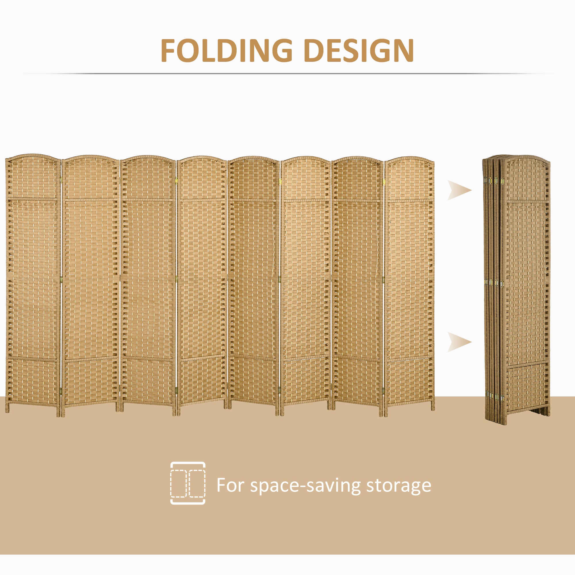 8 Panel 5.6' Tall Privacy Screen Freestanding Room Divider, Nature Wood - HOMCOM