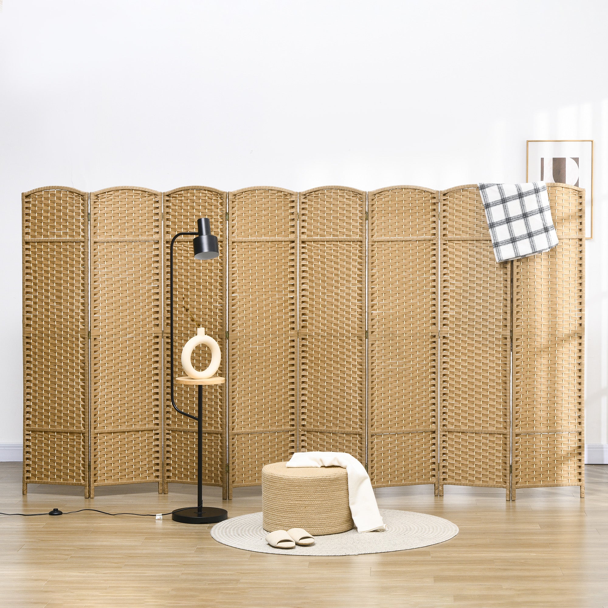 8 Panel 5.6' Tall Privacy Screen Freestanding Room Divider, Nature Wood - HOMCOM