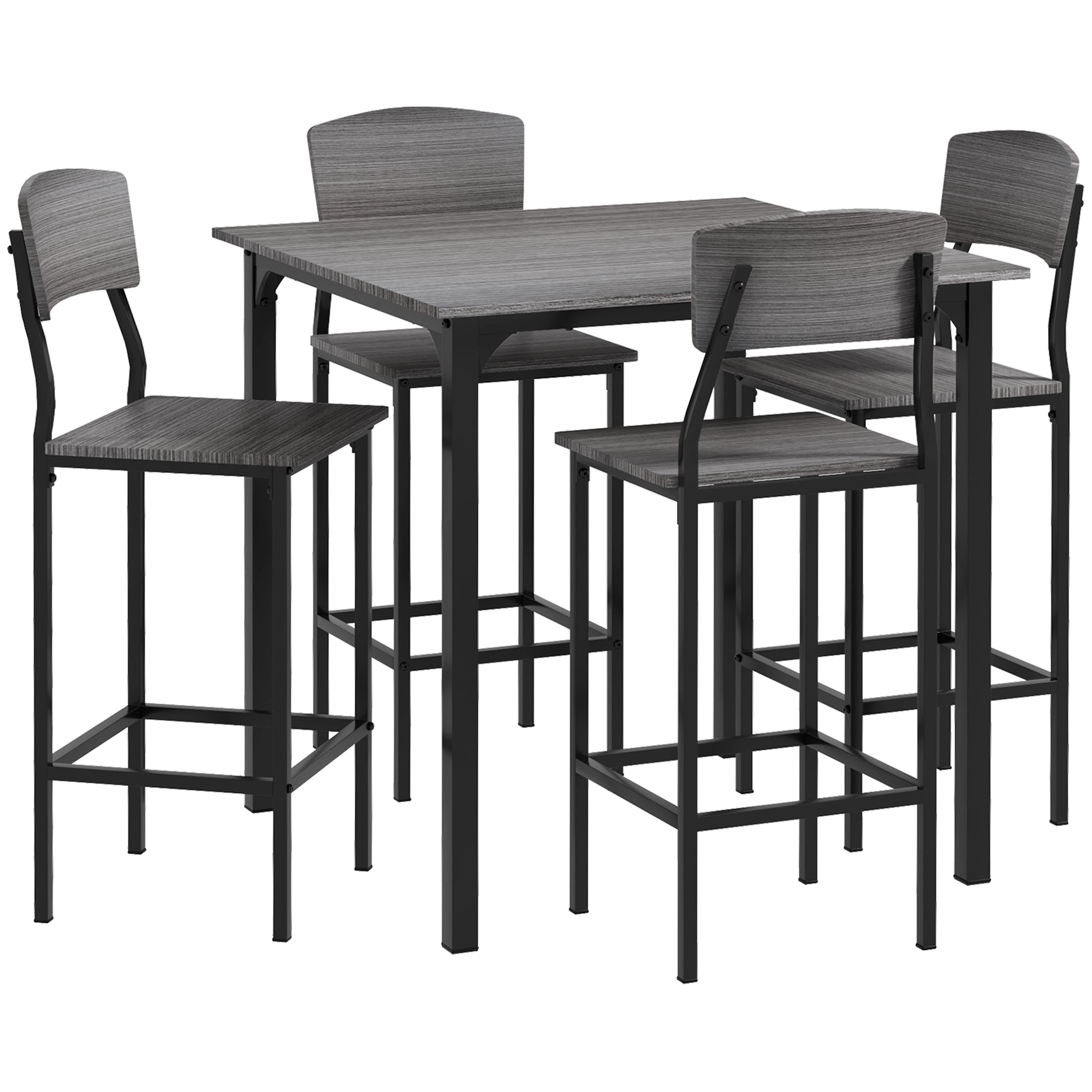 Industrial Square Kitchen Table Set for 4, Counter Height, Footrest, Metal Legs, Gray