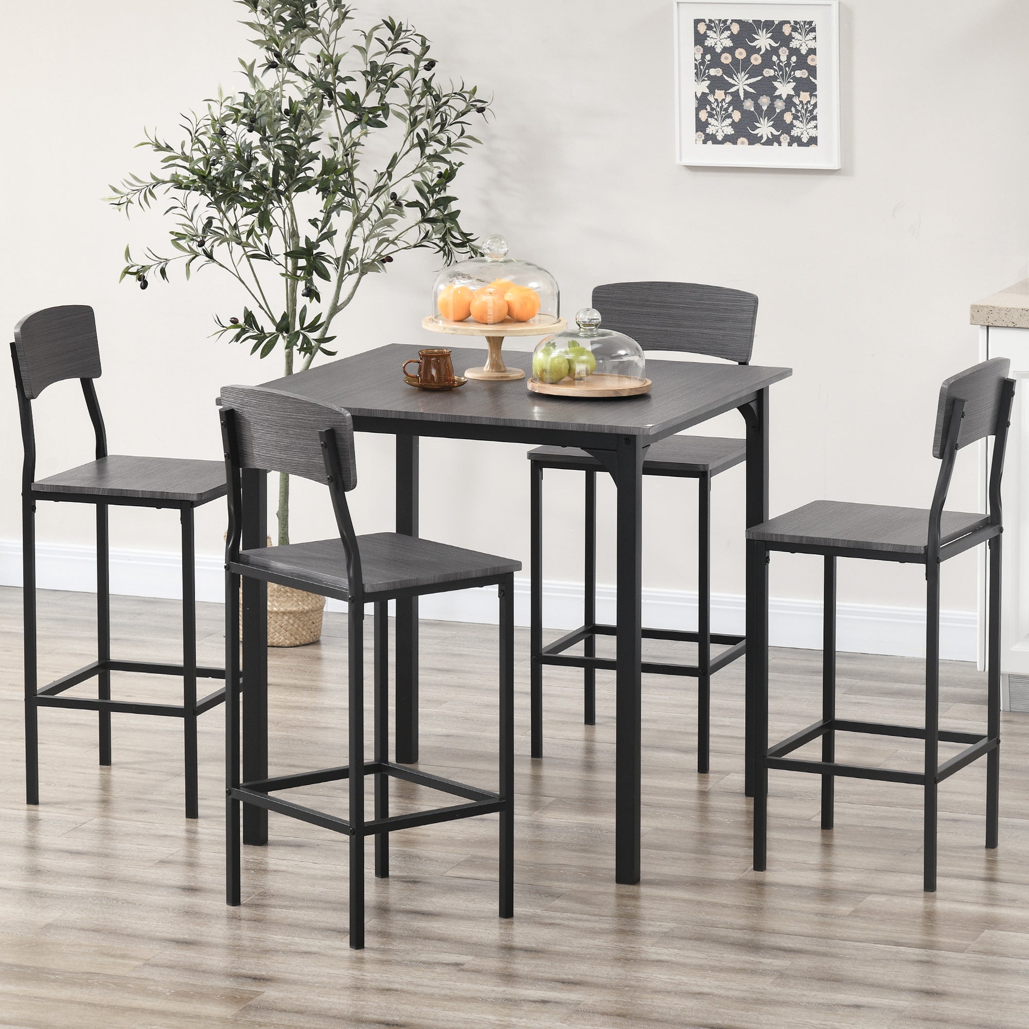 Industrial Square Kitchen Table Set for 4, Counter Height, Footrest, Metal Legs, Gray