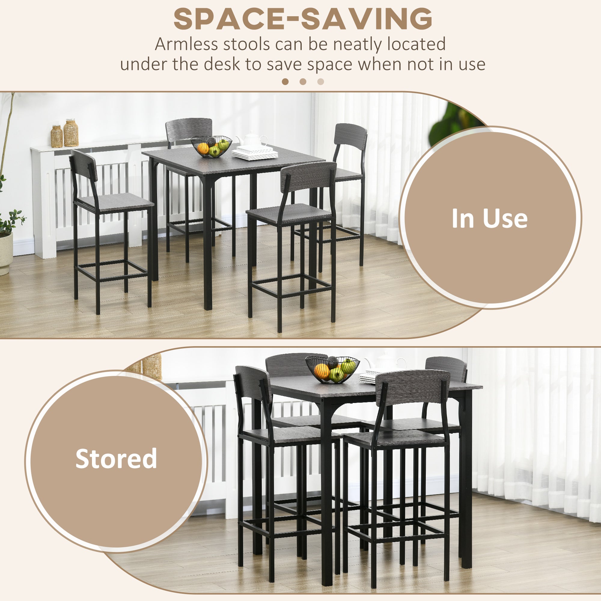 Industrial Square Kitchen Table Set for 4, Counter Height, Footrest, Metal Legs, Gray