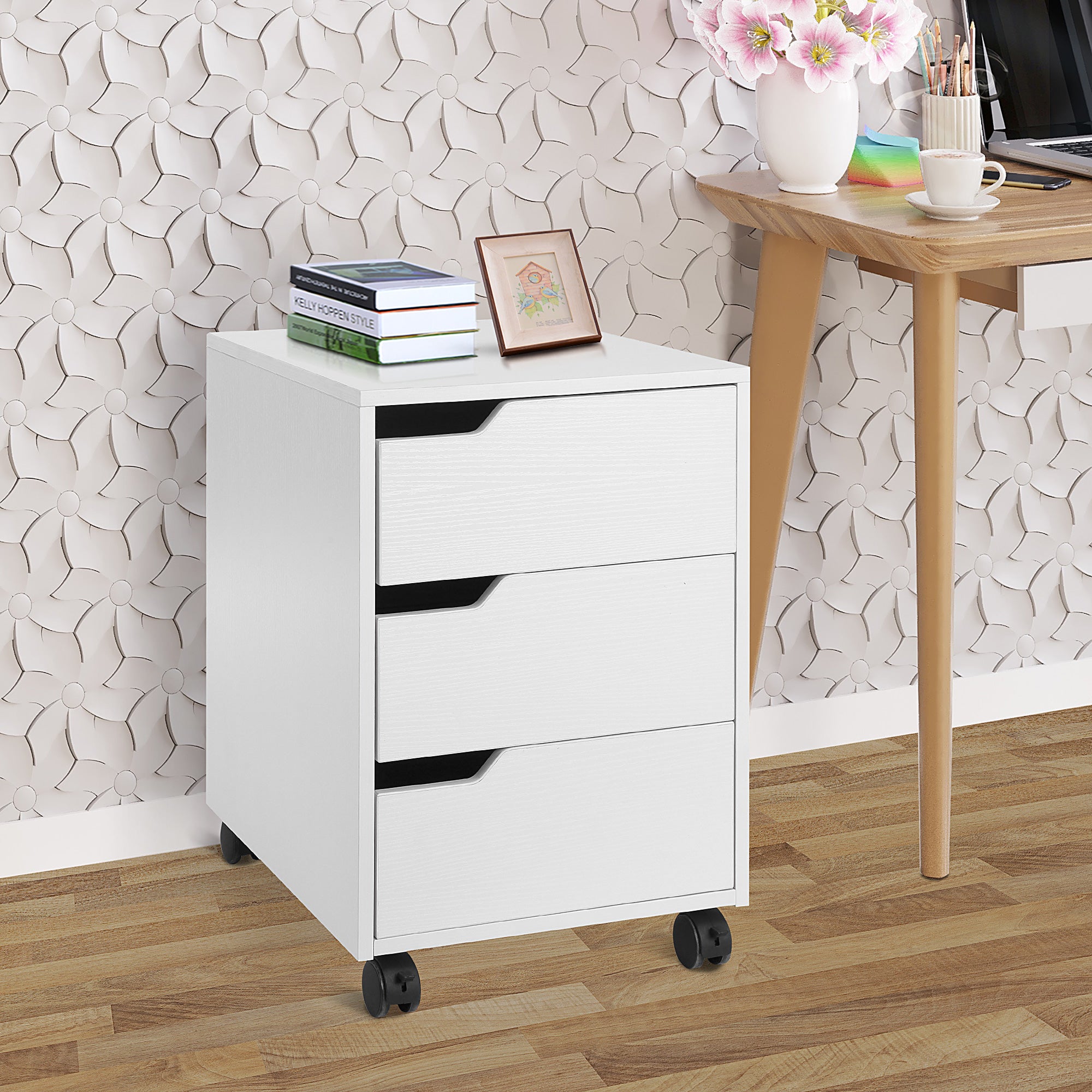 HOMCOM 3 Drawer Mobile File Cabinet, Vertical Filing Cabinet with Wheels for Home Office, White