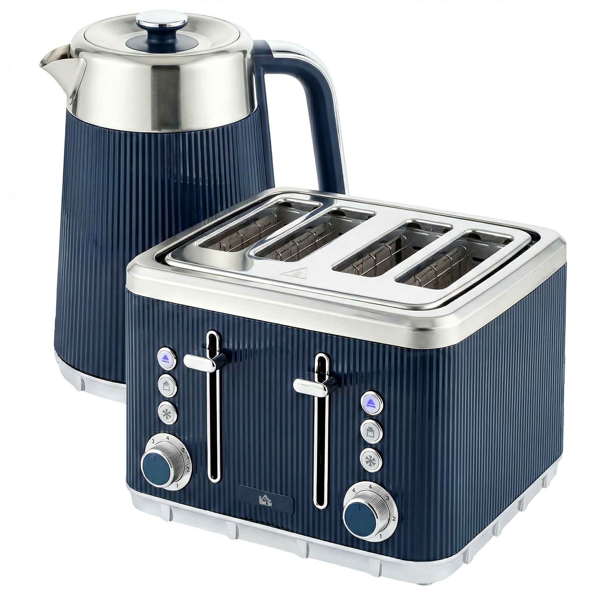 Electric Stainless Steel Kettle and Toaster Set, 3000W 1.7L UK Strix Thermostat Fast Boil Kettle w/ Limescale Filter, Cool Touch Body, 4 Slice Toaster with 7 Browning Levels, Dark Blue