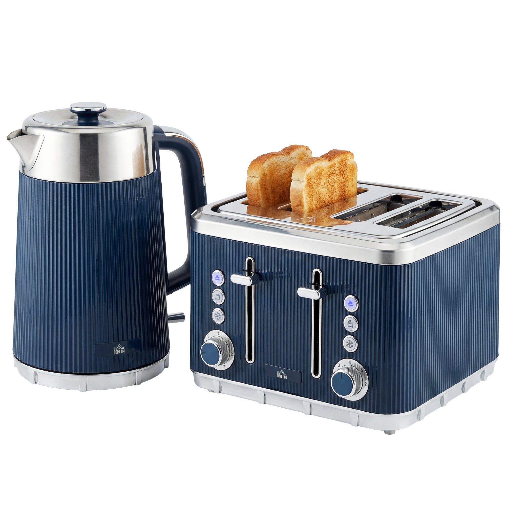 Electric Stainless Steel Kettle and Toaster Set, 3000W 1.7L UK Strix Thermostat Fast Boil Kettle w/ Limescale Filter, Cool Touch Body, 4 Slice Toaster with 7 Browning Levels, Dark Blue