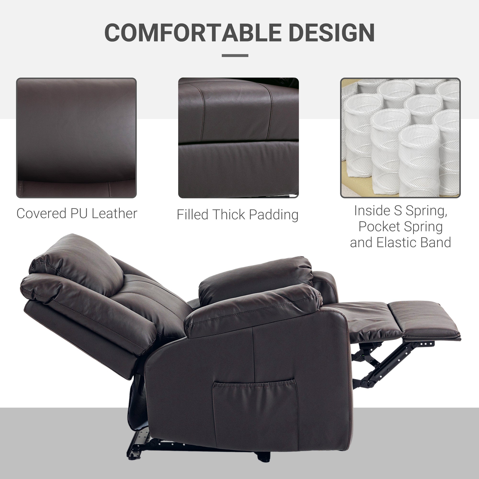 HOMCOM Recliner Chair for Living Room, PU Leather Single Recliner Sofa, Manual Reclining Chair with Footrest, Thick Padding and Side Pockets, Brown