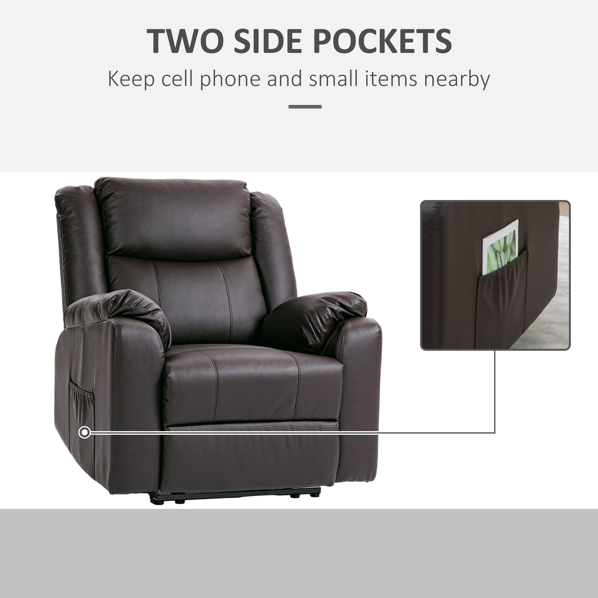 HOMCOM Recliner Chair for Living Room, PU Leather Single Recliner Sofa, Manual Reclining Chair with Footrest, Thick Padding and Side Pockets, Brown