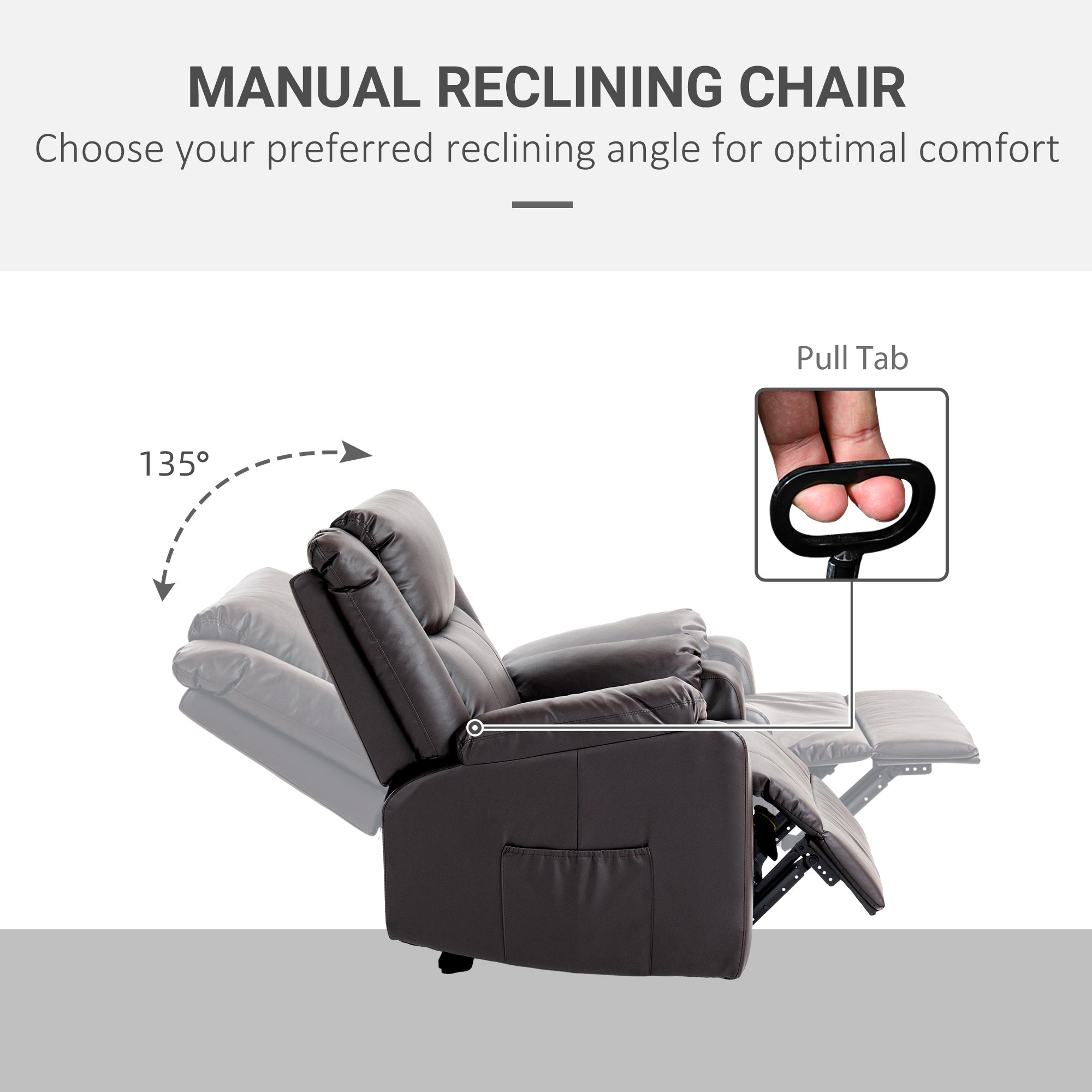 HOMCOM Recliner Chair for Living Room, PU Leather Single Recliner Sofa, Manual Reclining Chair with Footrest, Thick Padding and Side Pockets, Brown