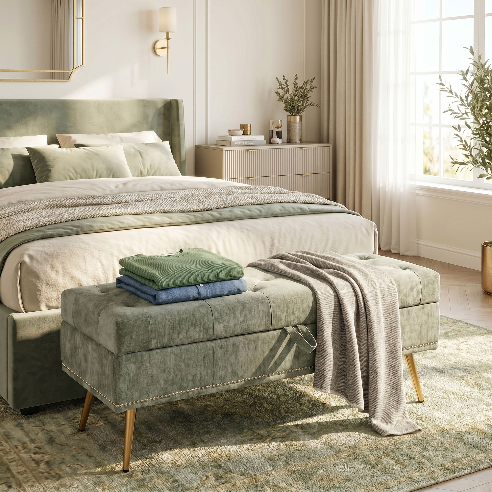 Storage Ottoman, Chenille Upholstered Ottoman Storage Box with Padded Seat, End of Bed Bench with Metal Legs for Bedroom, Hallway, Living Room, 114 x 41 x 45 cm, Light Green