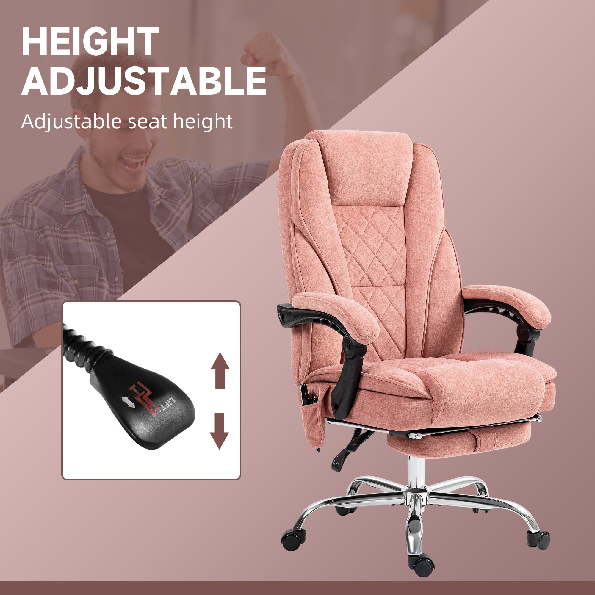 Massage Office Chair, Heated Reclining Chair w/ Adjustable Height & Footrest, Pink