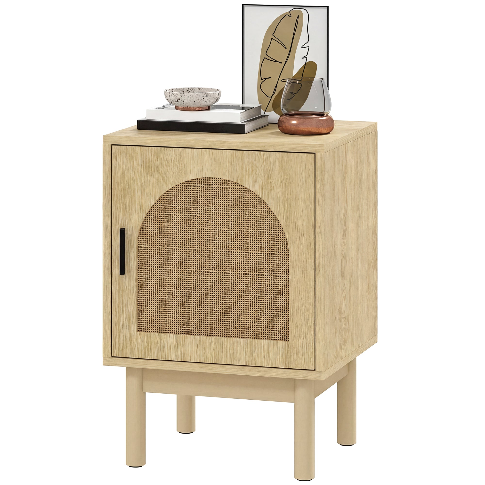 Rattan Bedside Table, Boho Bedside Cabinet with Adjustable Shelf and Solid Wood Legs, Side Table for Living Room, Bedroom, Natural Wood