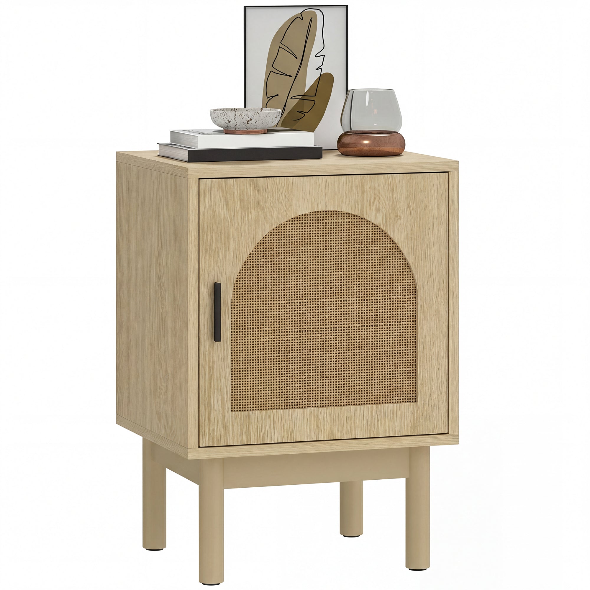 Rattan Bedside Table, Boho Bedside Cabinet with Adjustable Shelf and Solid Wood Legs, Side Table for Living Room, Bedroom, Natural Wood