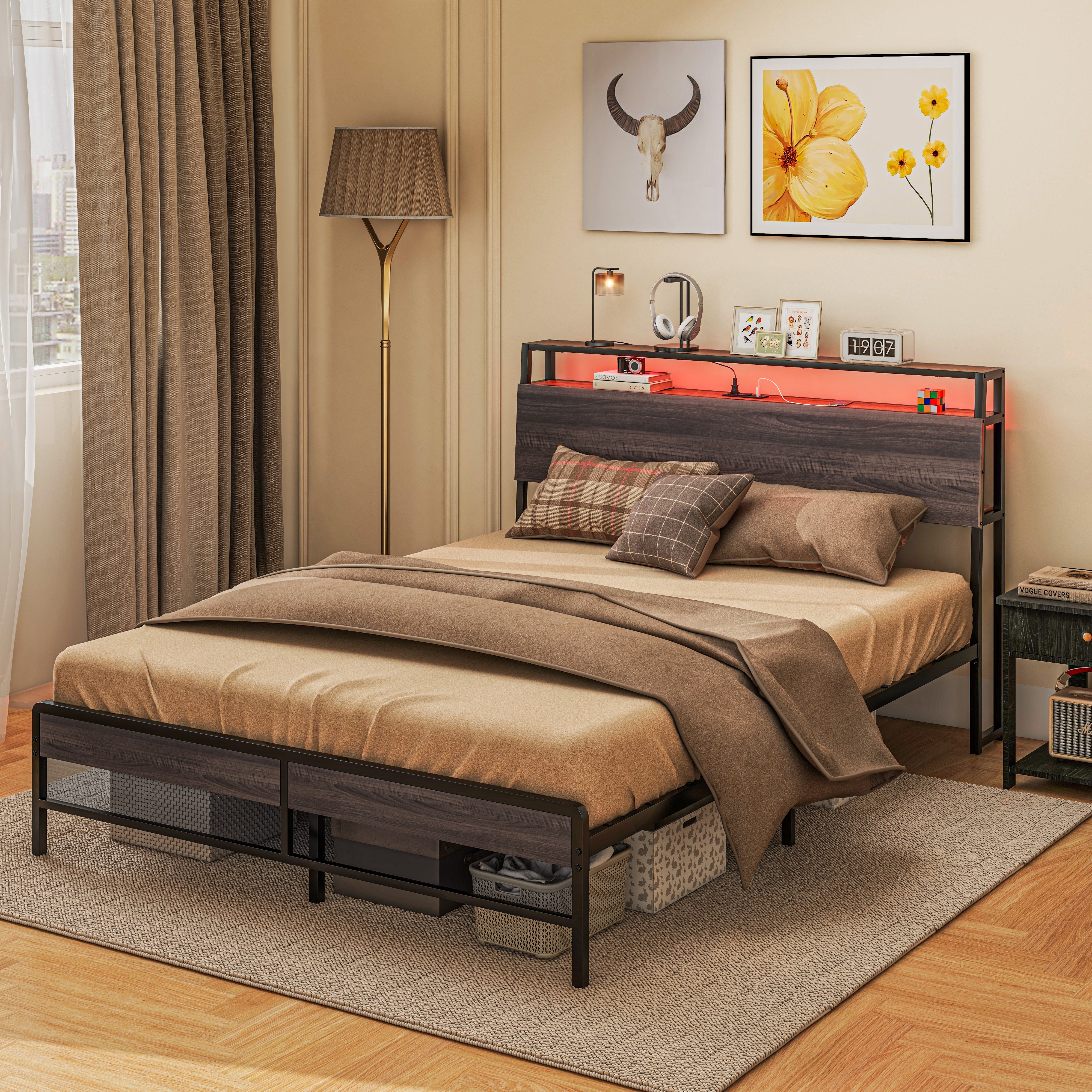 Queen Size Bed Frame w/ LED Lights,Charging Station & Storage Headboard, Noise Free, Walnut