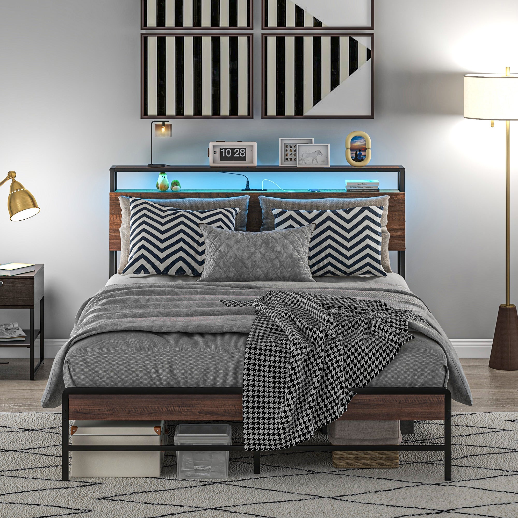 HOMCOM Queen Bed Frame with Storage, Platform Bed Frame with Headboard, LED Lights, Charging Station, Steel Slats, Noise Free and Easy Assembly, No Box Spring Needed, Walnut