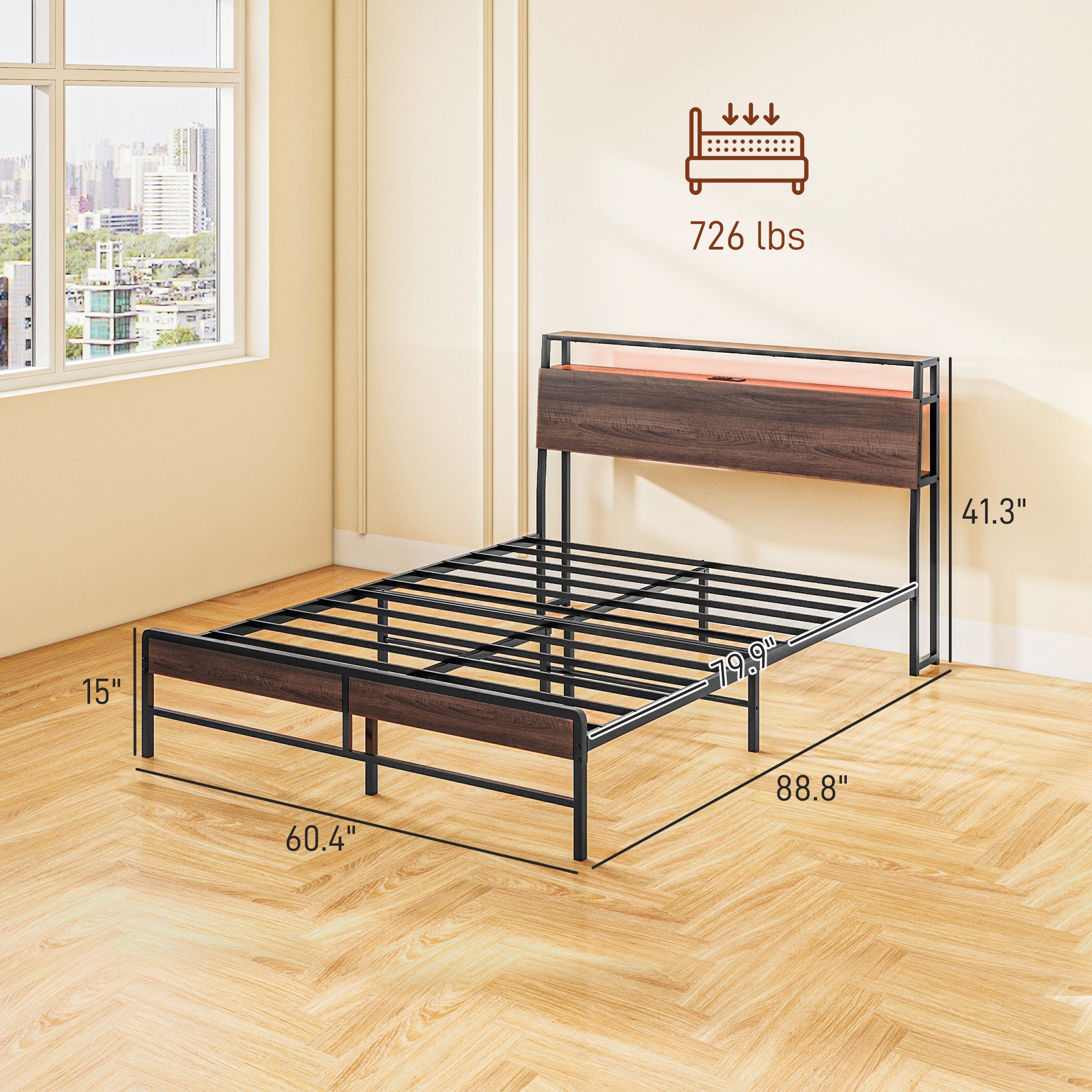 Queen Size Bed Frame w/ LED Lights,Charging Station & Storage Headboard, Noise Free, Walnut