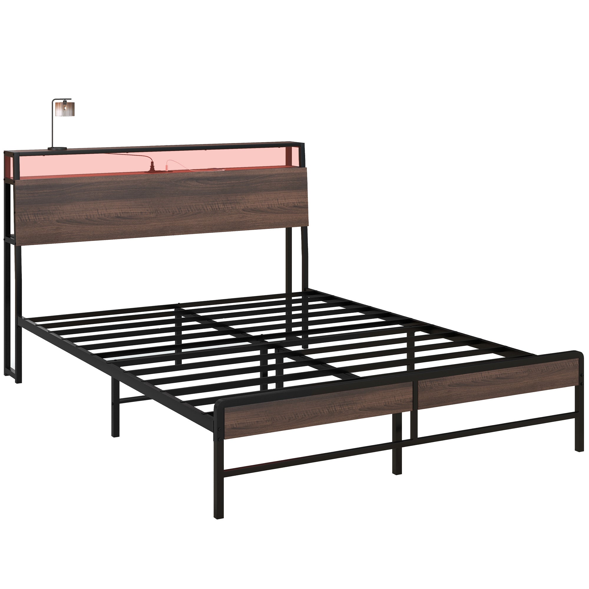 Queen Size Bed Frame w/ LED Lights,Charging Station & Storage Headboard, Noise Free, Walnut