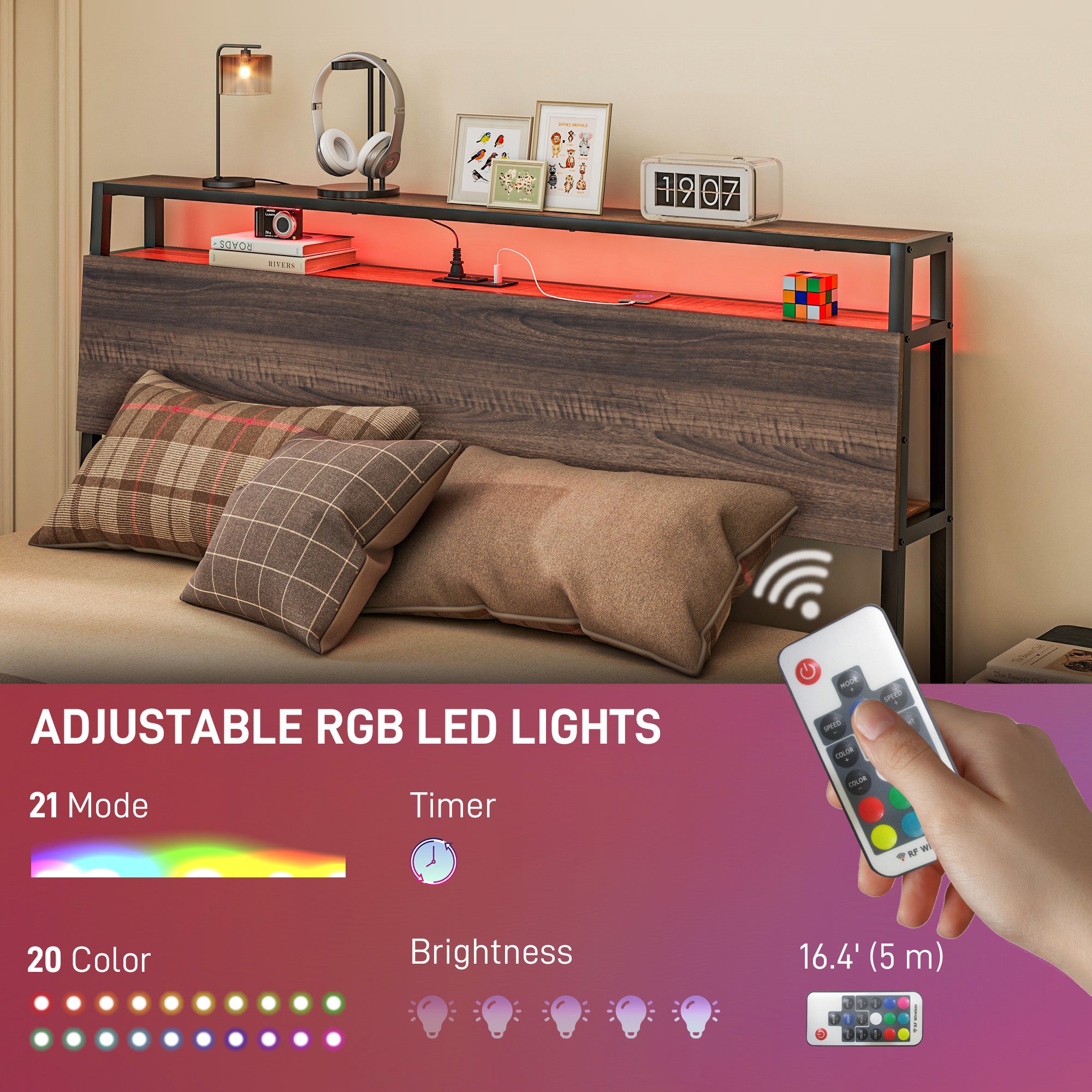 Queen Size Bed Frame w/ LED Lights,Charging Station & Storage Headboard, Noise Free, Walnut