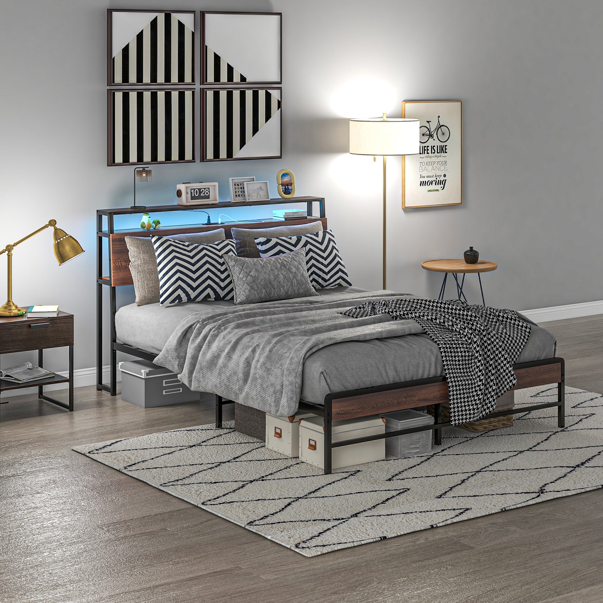Queen Size Bed Frame w/ LED Lights,Charging Station & Storage Headboard, Noise Free, Walnut