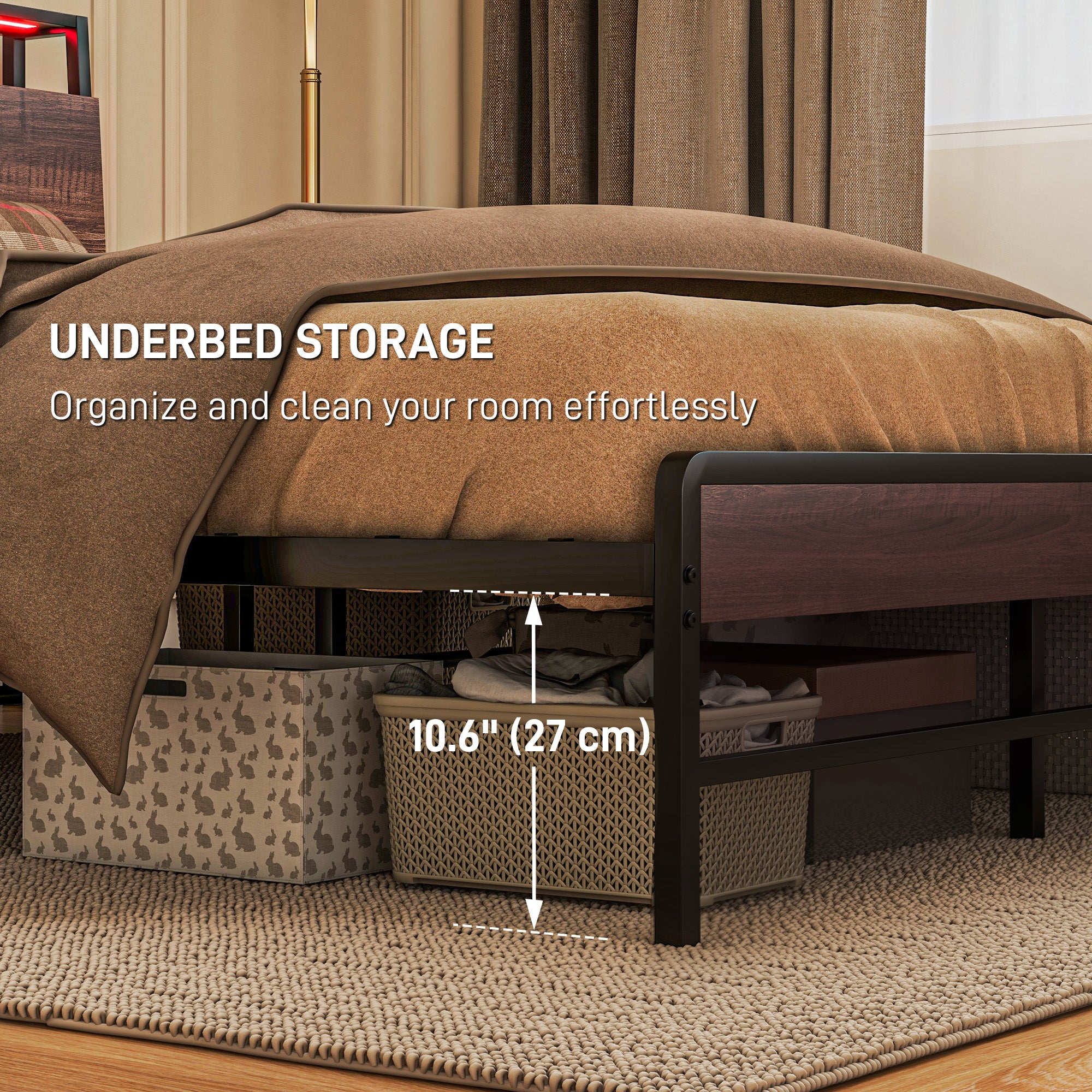 Queen Size Bed Frame w/ LED Lights,Charging Station & Storage Headboard, Noise Free, Walnut