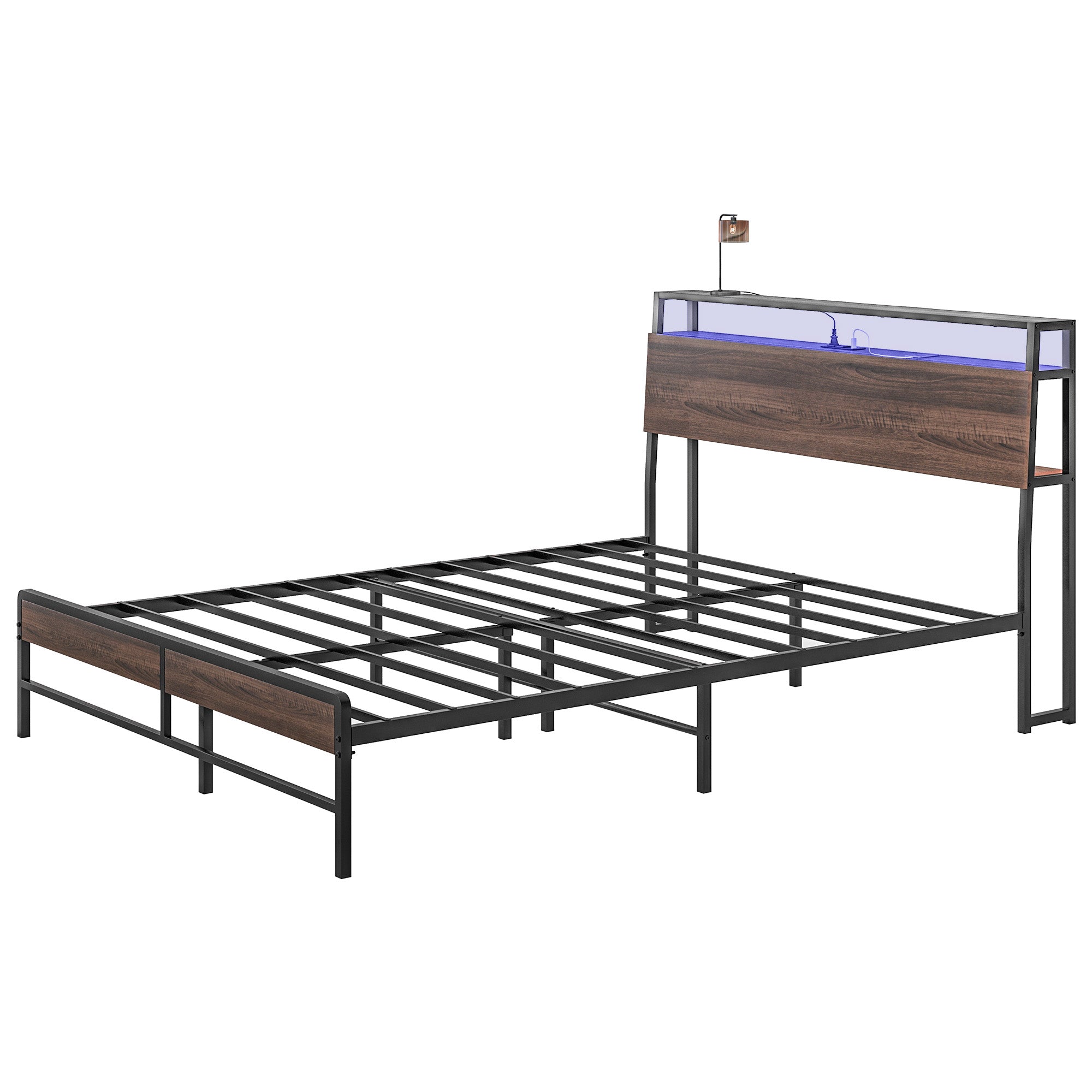 Queen Size Bed Frame w/ LED Lights,Charging Station & Storage Headboard, Noise Free, Walnut