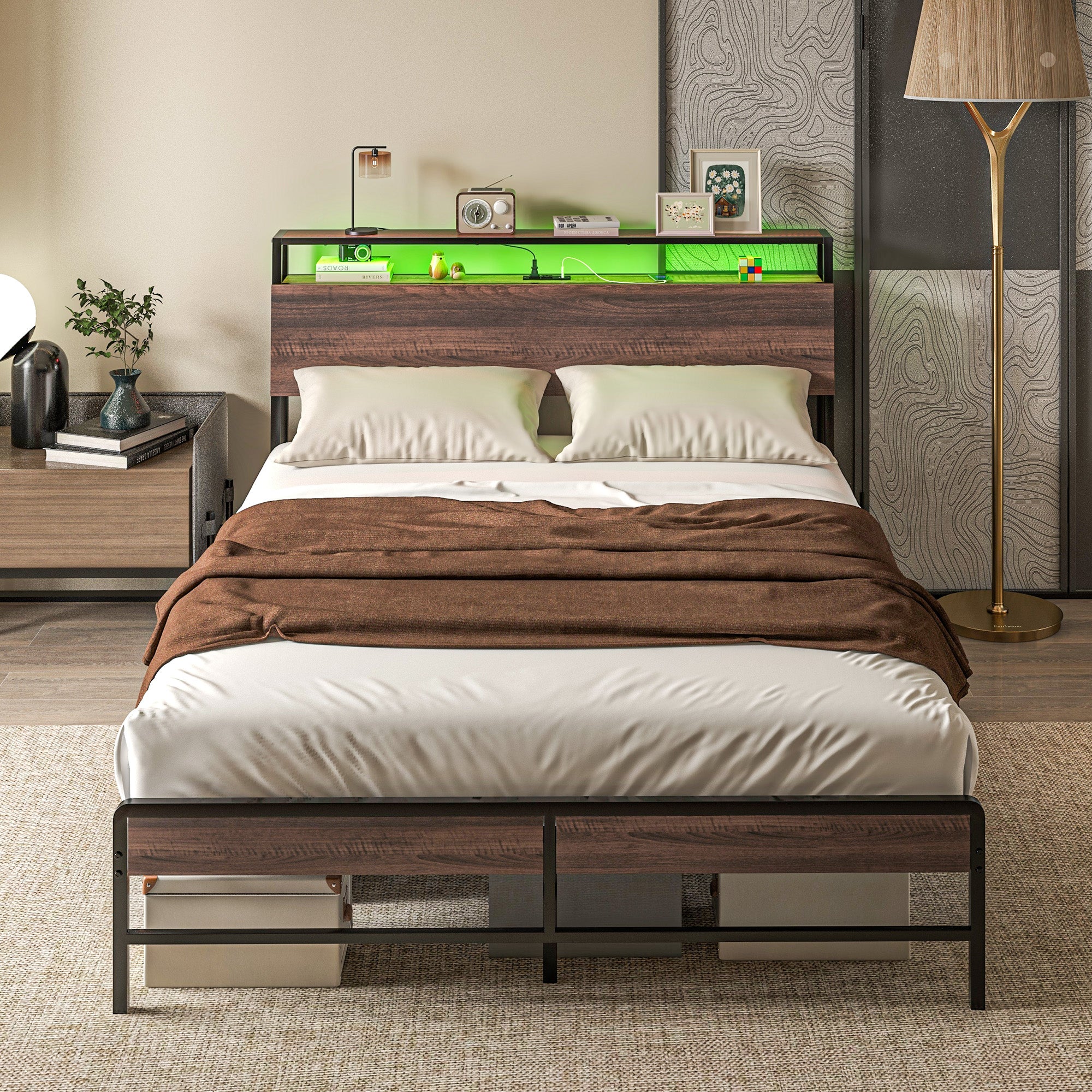 Queen Size Bed Frame w/ LED Lights,Charging Station & Storage Headboard, Noise Free, Walnut